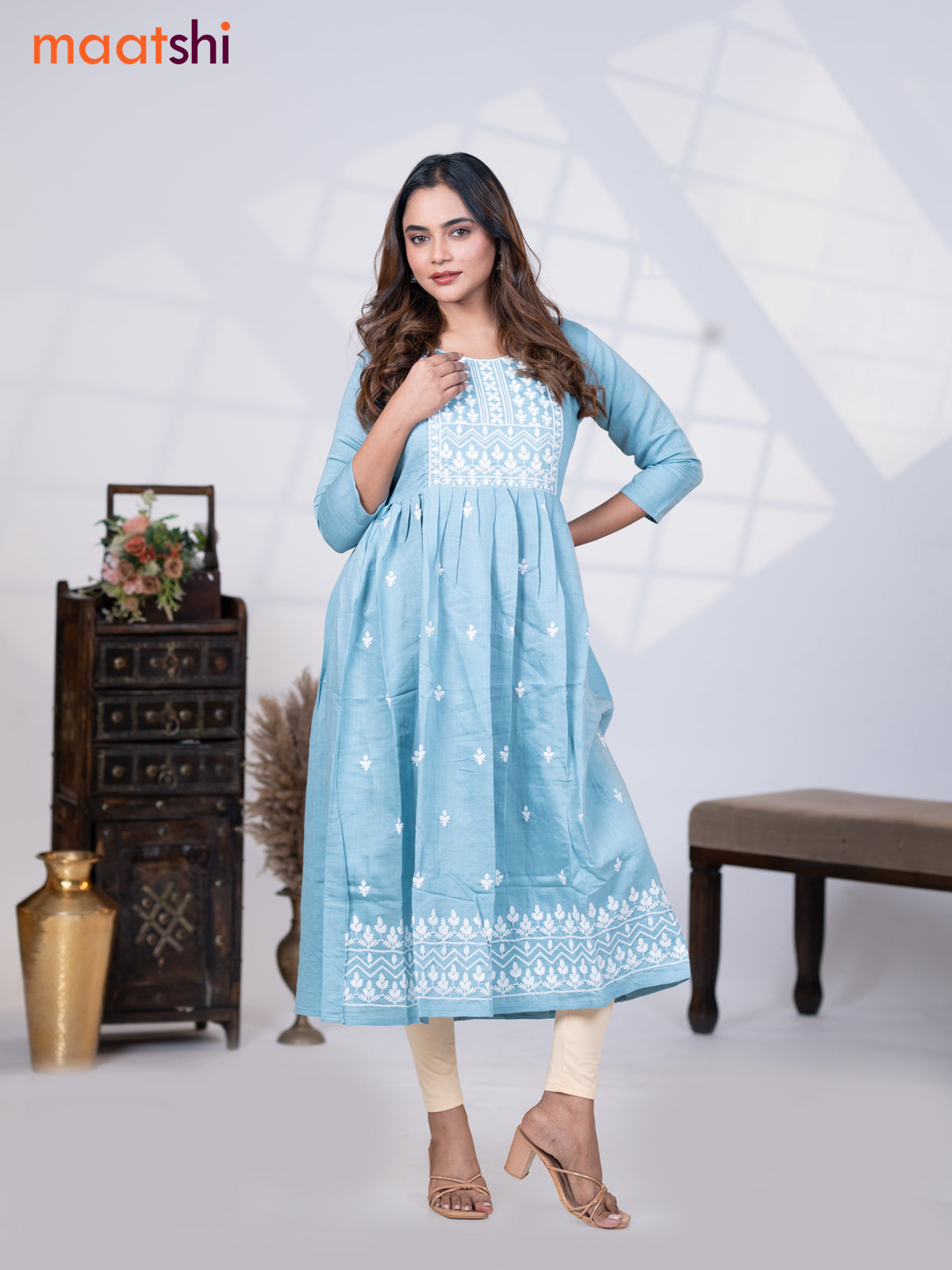 Rayon readymade umbrella kurti pastel blue with embroidery butta & embroidery work neck pattern without pant