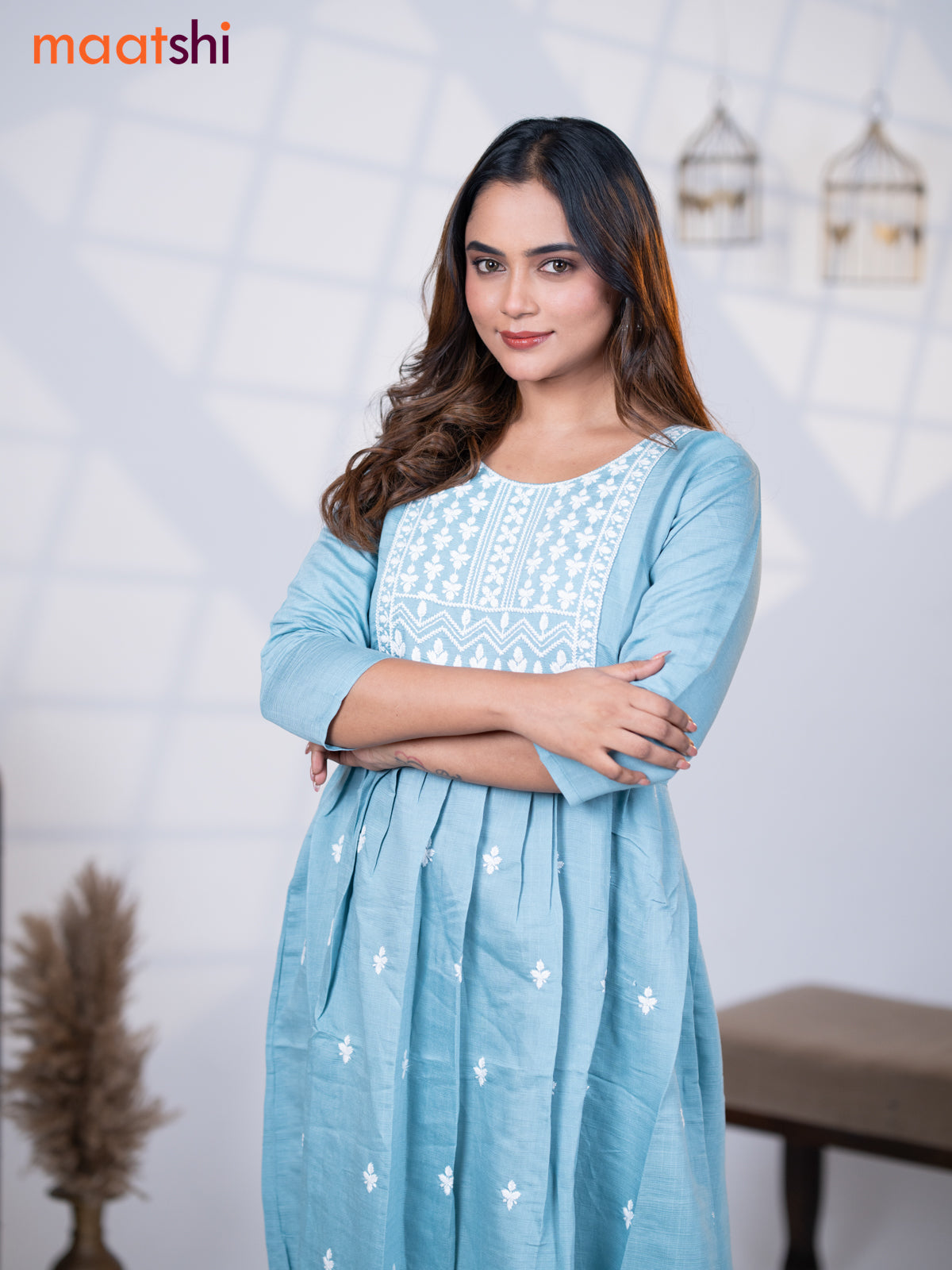Rayon readymade umbrella kurti pastel blue with embroidery butta & embroidery work neck pattern without pant