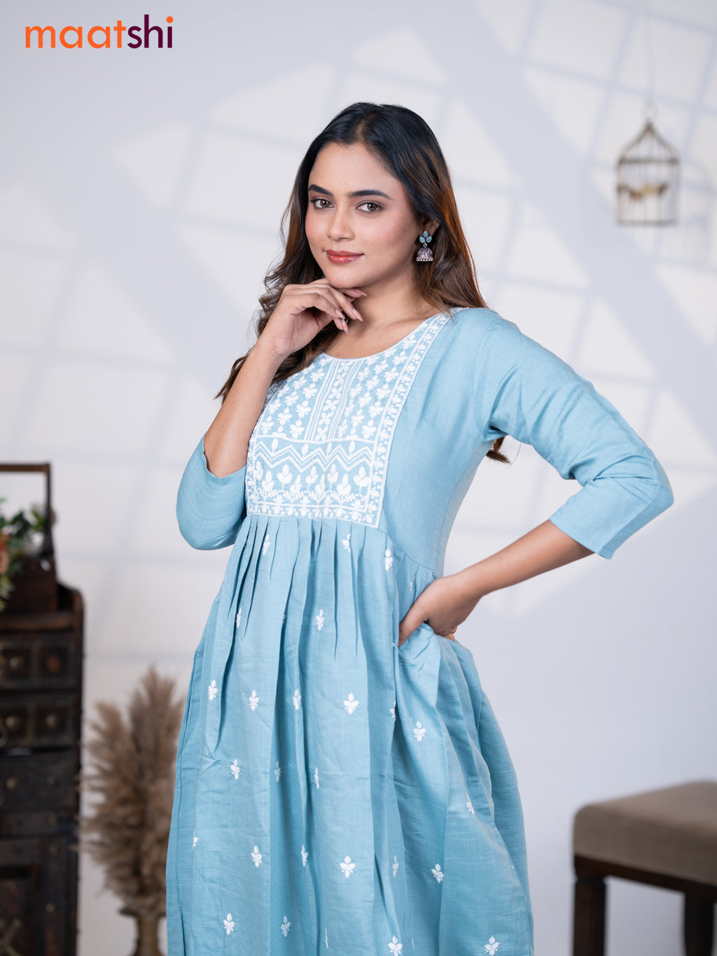 Rayon readymade umbrella kurti pastel blue with embroidery butta & embroidery work neck pattern without pant