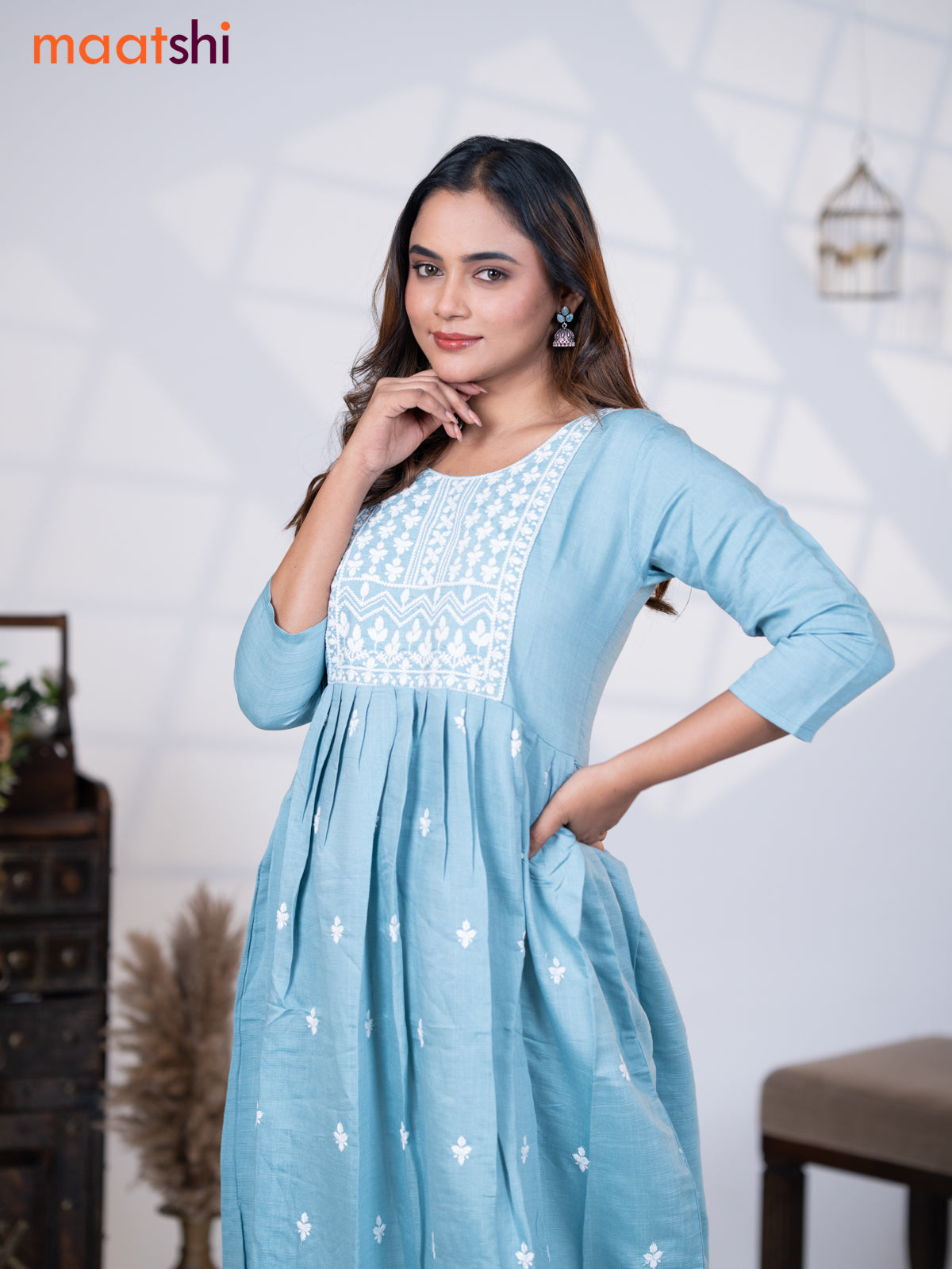 Rayon readymade umbrella kurti pastel blue with embroidery butta & embroidery work neck pattern without pant