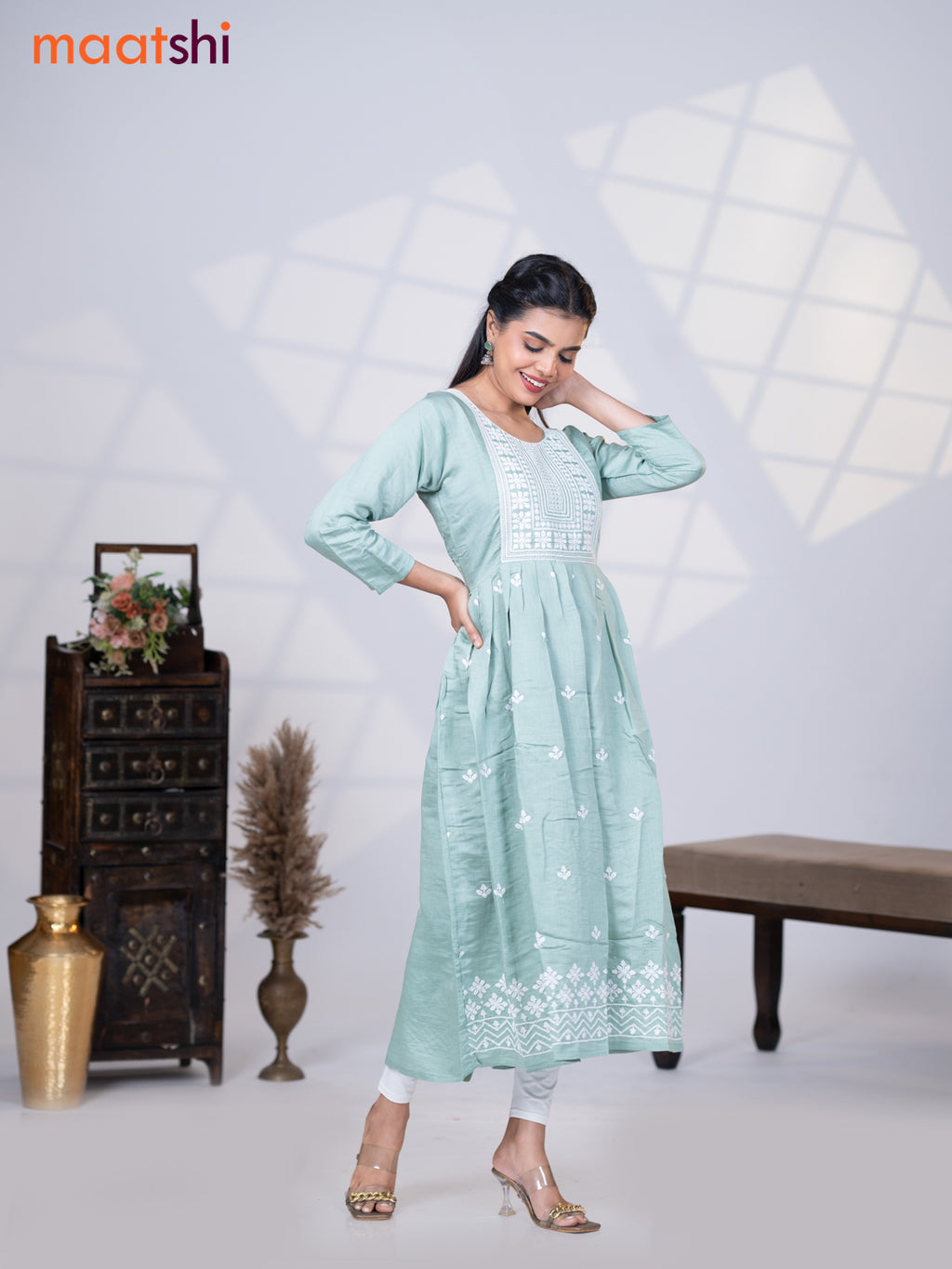 Rayon readymade umbrella kurti pastel green shade with embroidery butta & embroidery work neck pattern without pant