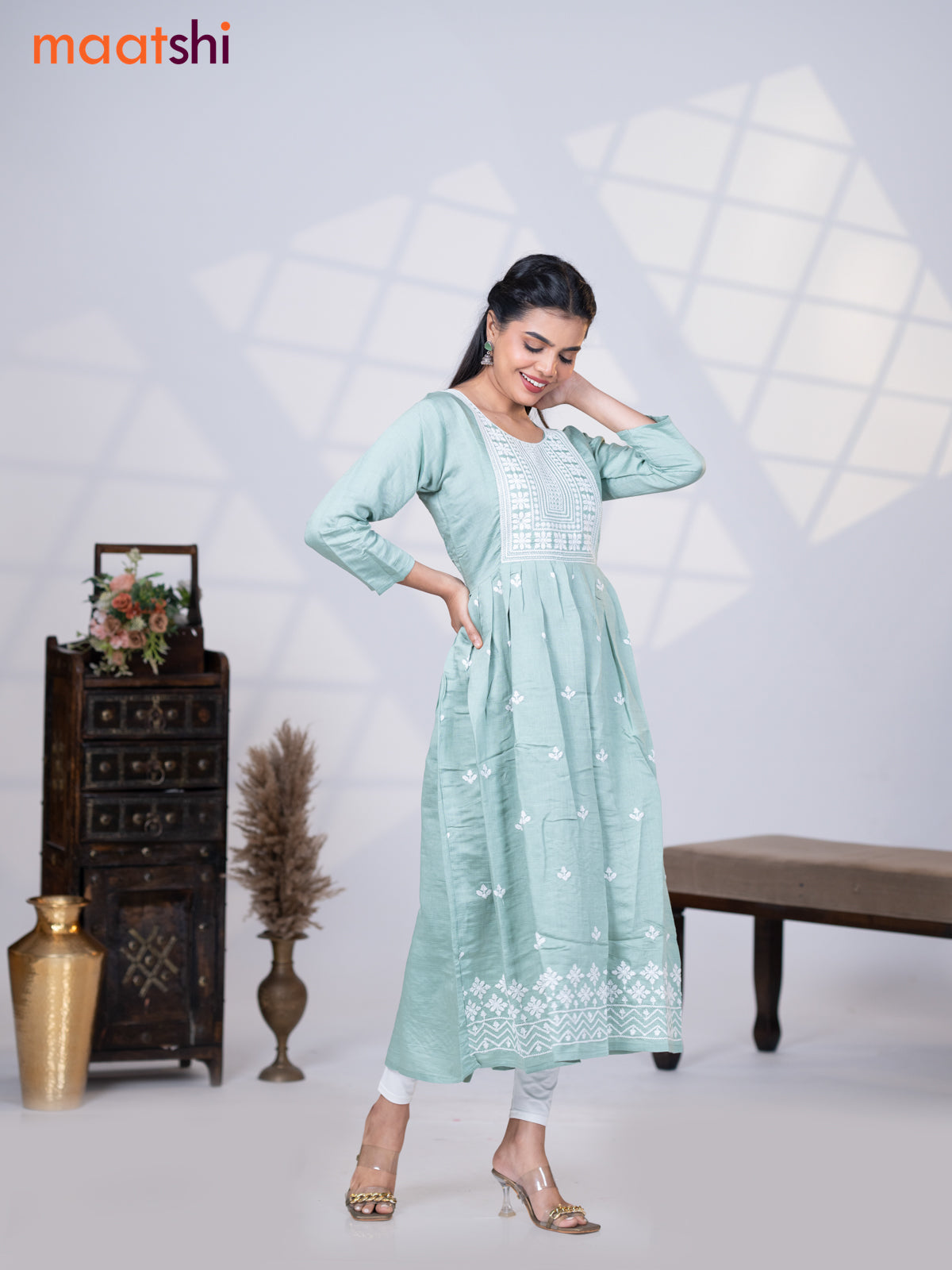 Rayon readymade umbrella kurti pastel green shade with embroidery butta & embroidery work neck pattern without pant