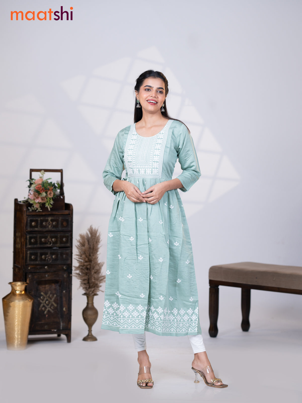 Rayon readymade umbrella kurti pastel green shade with embroidery butta & embroidery work neck pattern without pant