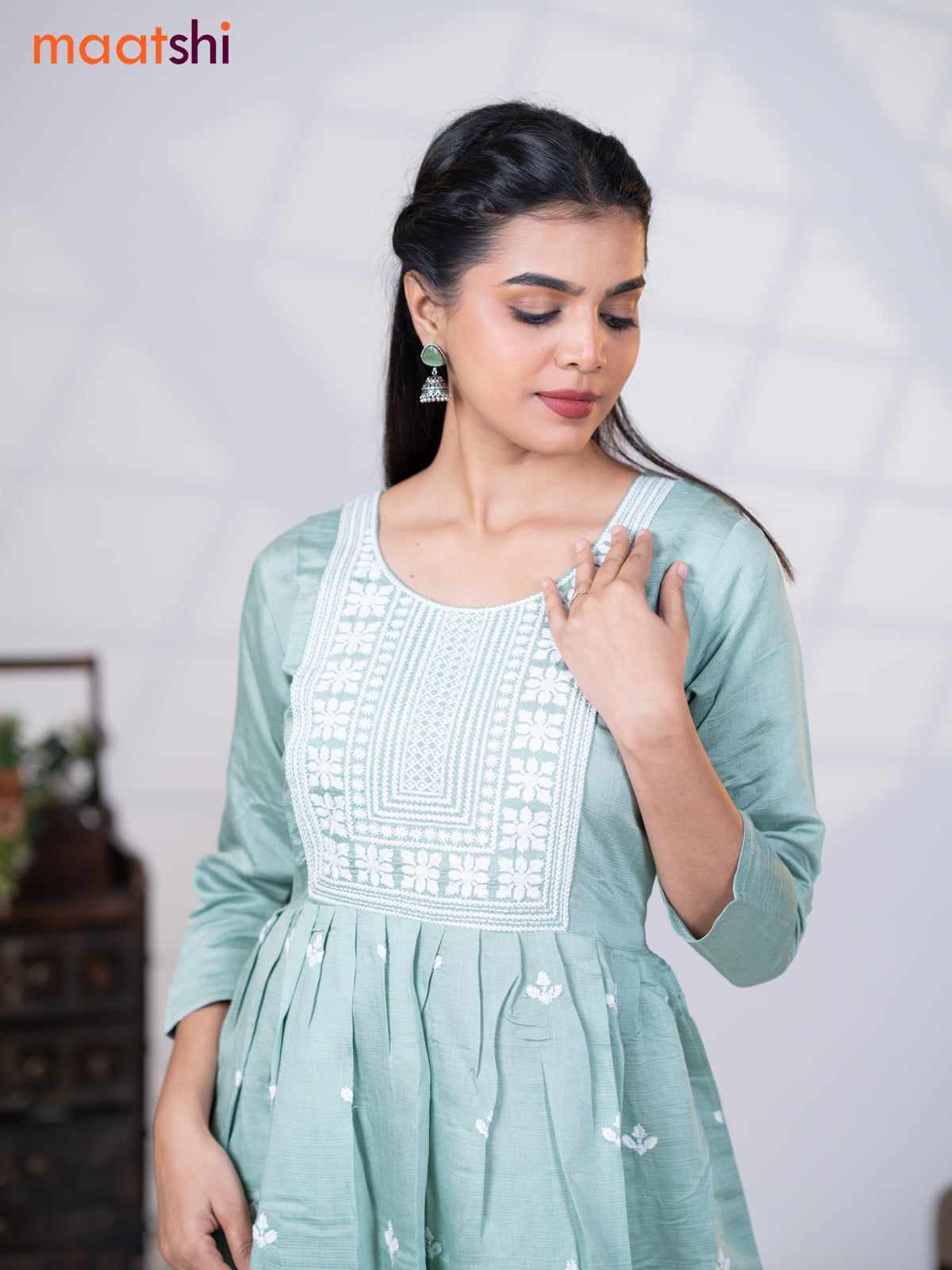 Rayon readymade umbrella kurti pastel green shade with embroidery butta & embroidery work neck pattern without pant