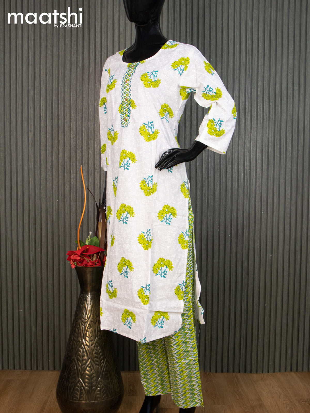 Cotton readymade salwar suit off white and green with floral butta prints & embroidery work neck pattern and straight cut pant & cotton dupatta