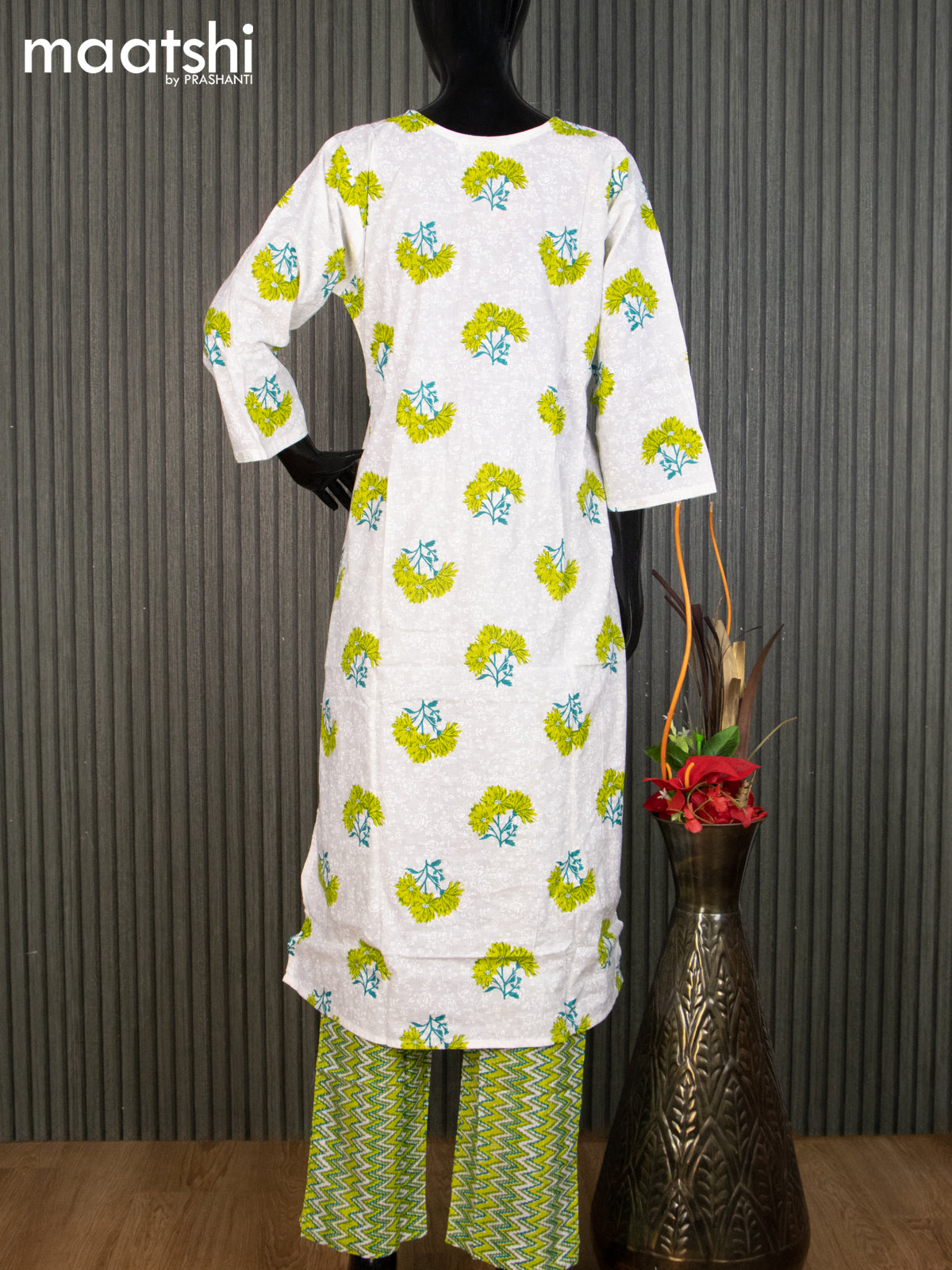 Cotton readymade salwar suit off white and green with floral butta prints & embroidery work neck pattern and straight cut pant & cotton dupatta