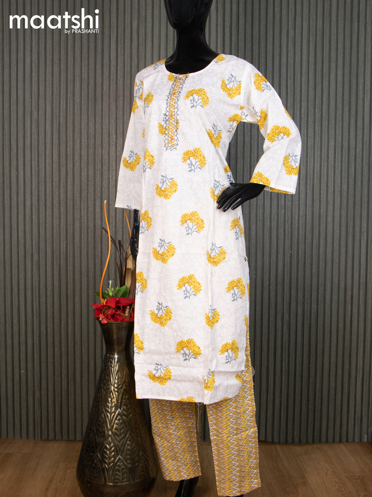 Cotton readymade salwar suit off white and yellow with floral butta prints & embroidery work neck pattern and straight cut pant & cotton dupatta