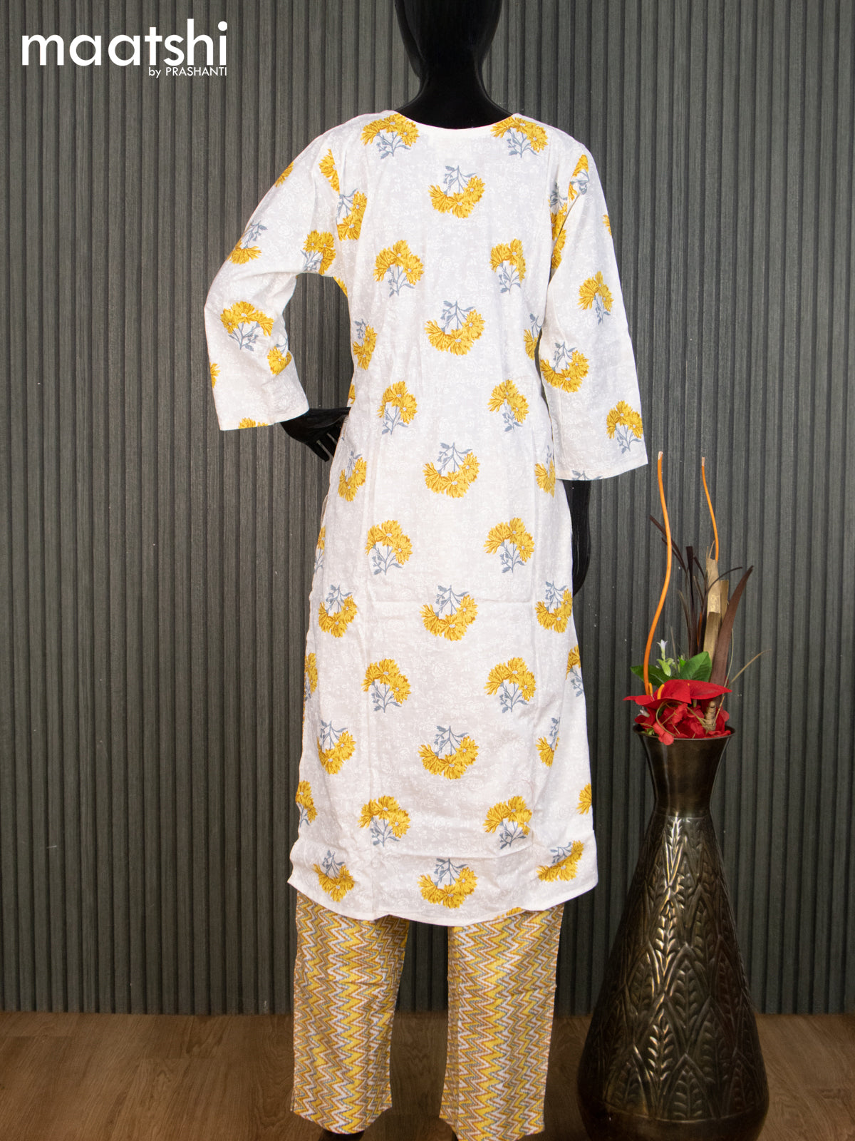 Cotton readymade salwar suit off white and yellow with floral butta prints & embroidery work neck pattern and straight cut pant & cotton dupatta