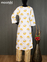 Cotton readymade salwar suit off white and yellow with floral butta prints & embroidery work neck pattern and straight cut pant & cotton dupatta