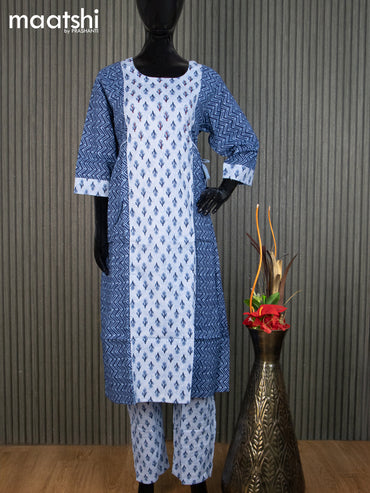 Cotton readymade salwar suit blue shade and navy blue with allover prints & kantha stitch work neck pattern and straight cut pant & cotton dupatta