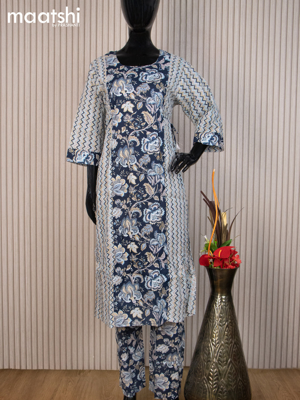 Cotton readymade salwar suit navy blue and multi colour with allover prints & sequin work neck pattern and straight cut pant & cotton dupatta