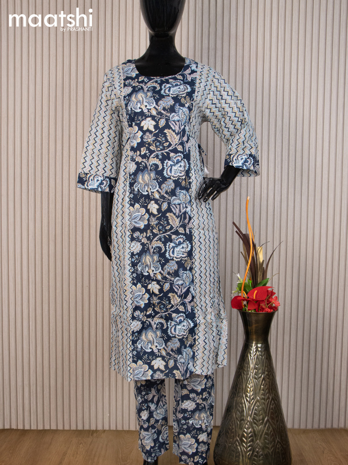 Cotton readymade salwar suit navy blue and multi colour with allover prints & sequin work neck pattern and straight cut pant & cotton dupatta