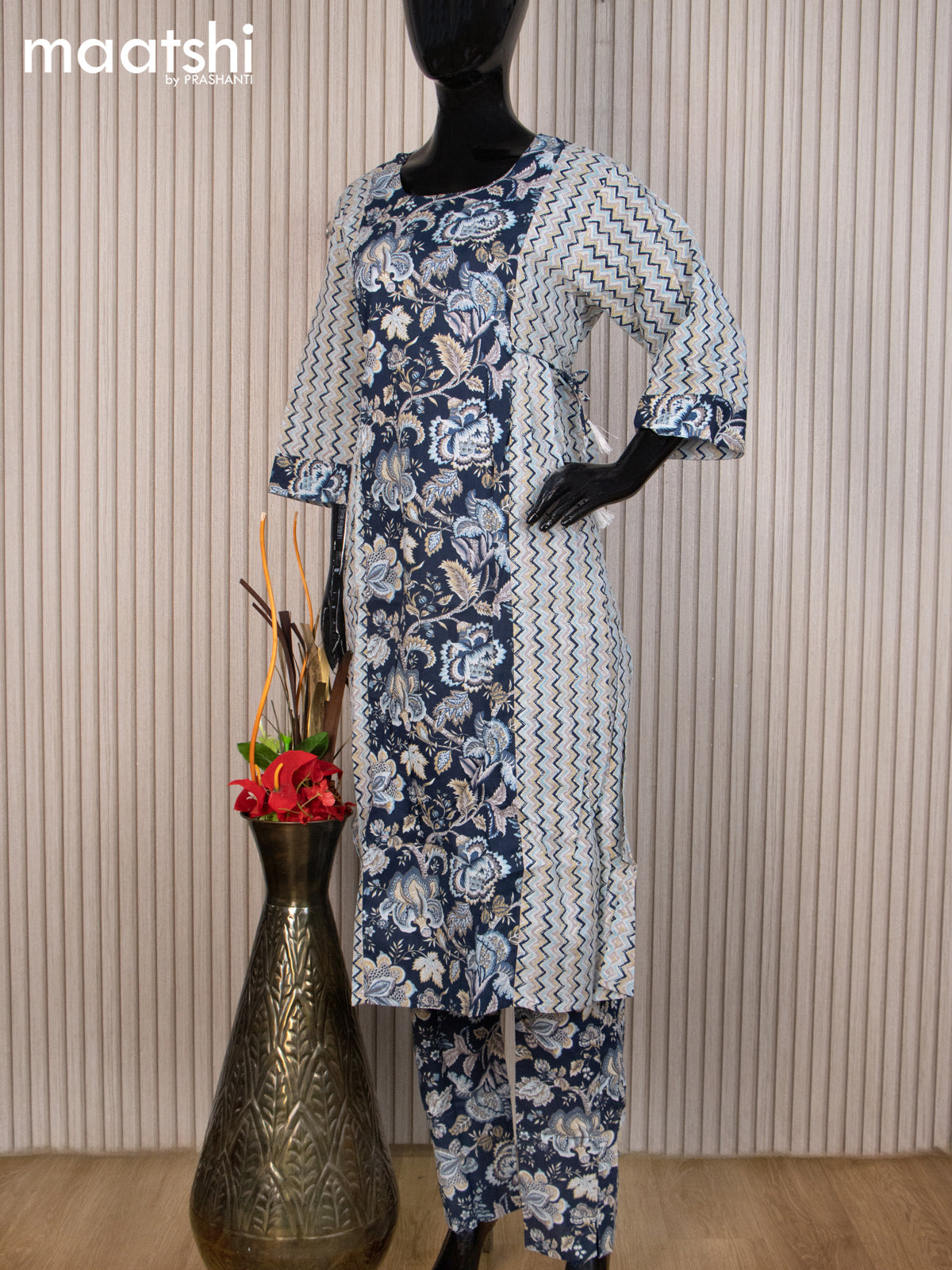 Cotton readymade salwar suit navy blue and multi colour with allover prints & sequin work neck pattern and straight cut pant & cotton dupatta