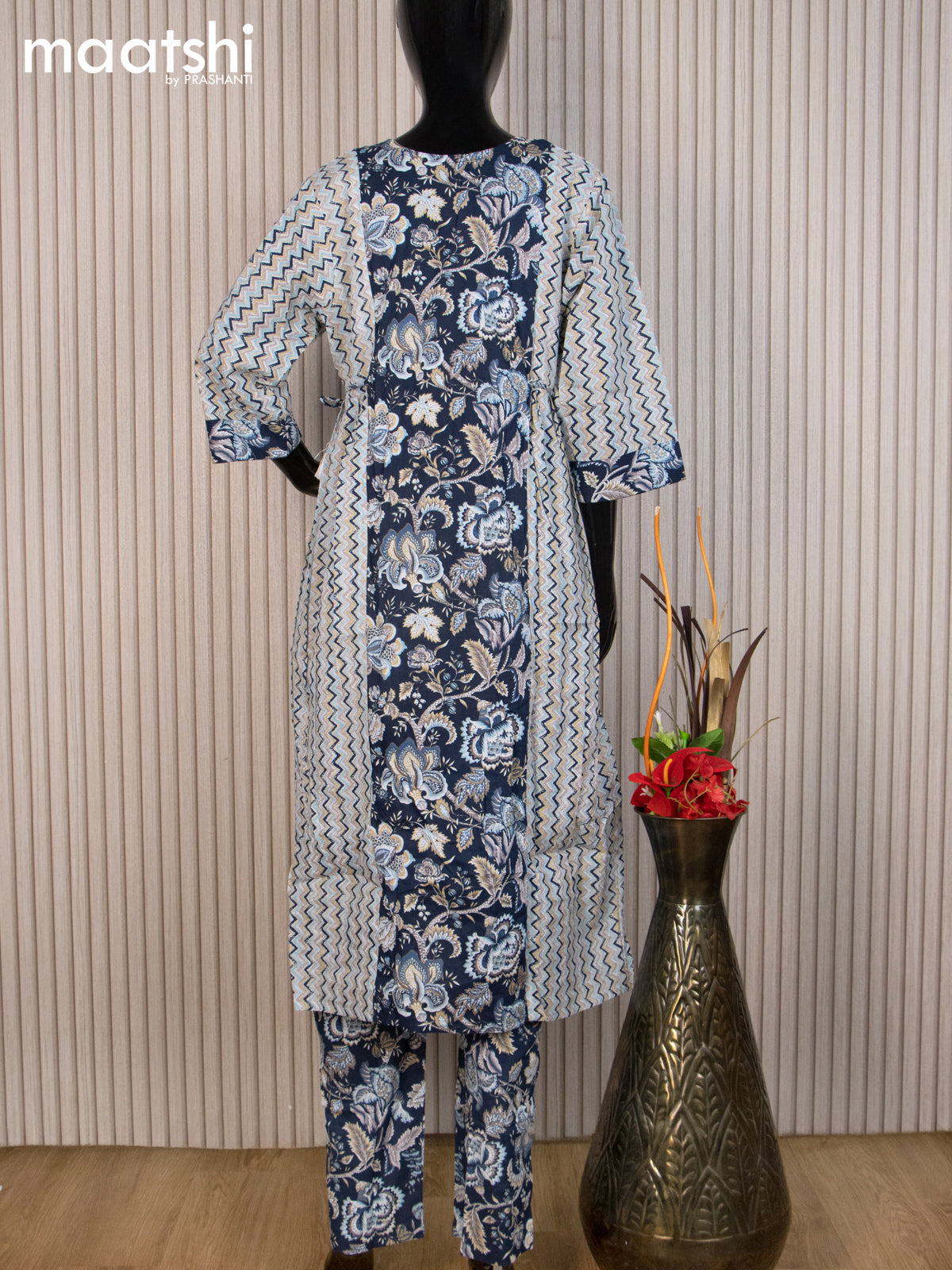Cotton readymade salwar suit navy blue and multi colour with allover prints & sequin work neck pattern and straight cut pant & cotton dupatta