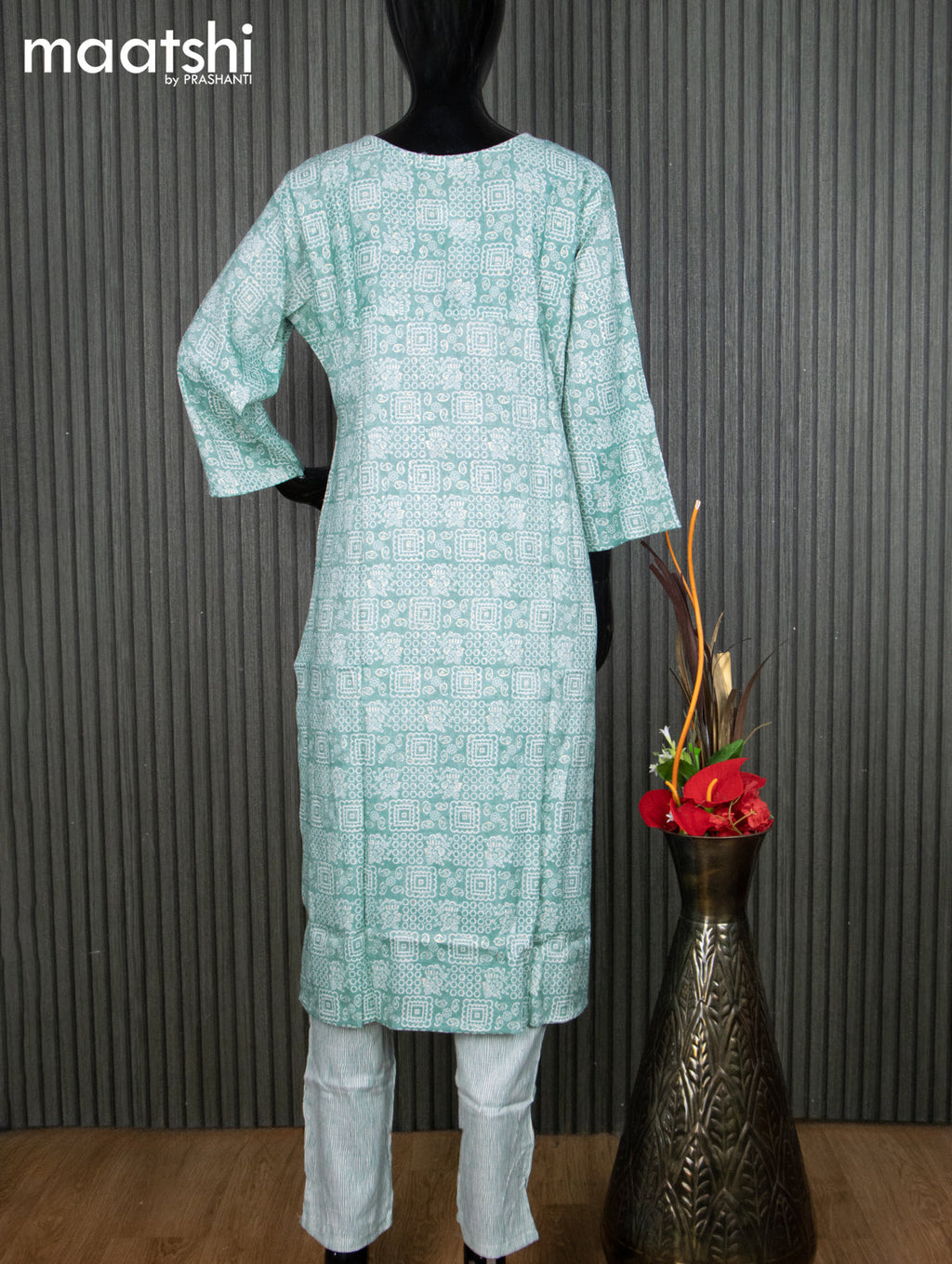 Rayon readymade kurti set teal green and off white with allover prints & embroidery sequin work neck pattern and straight cut pant