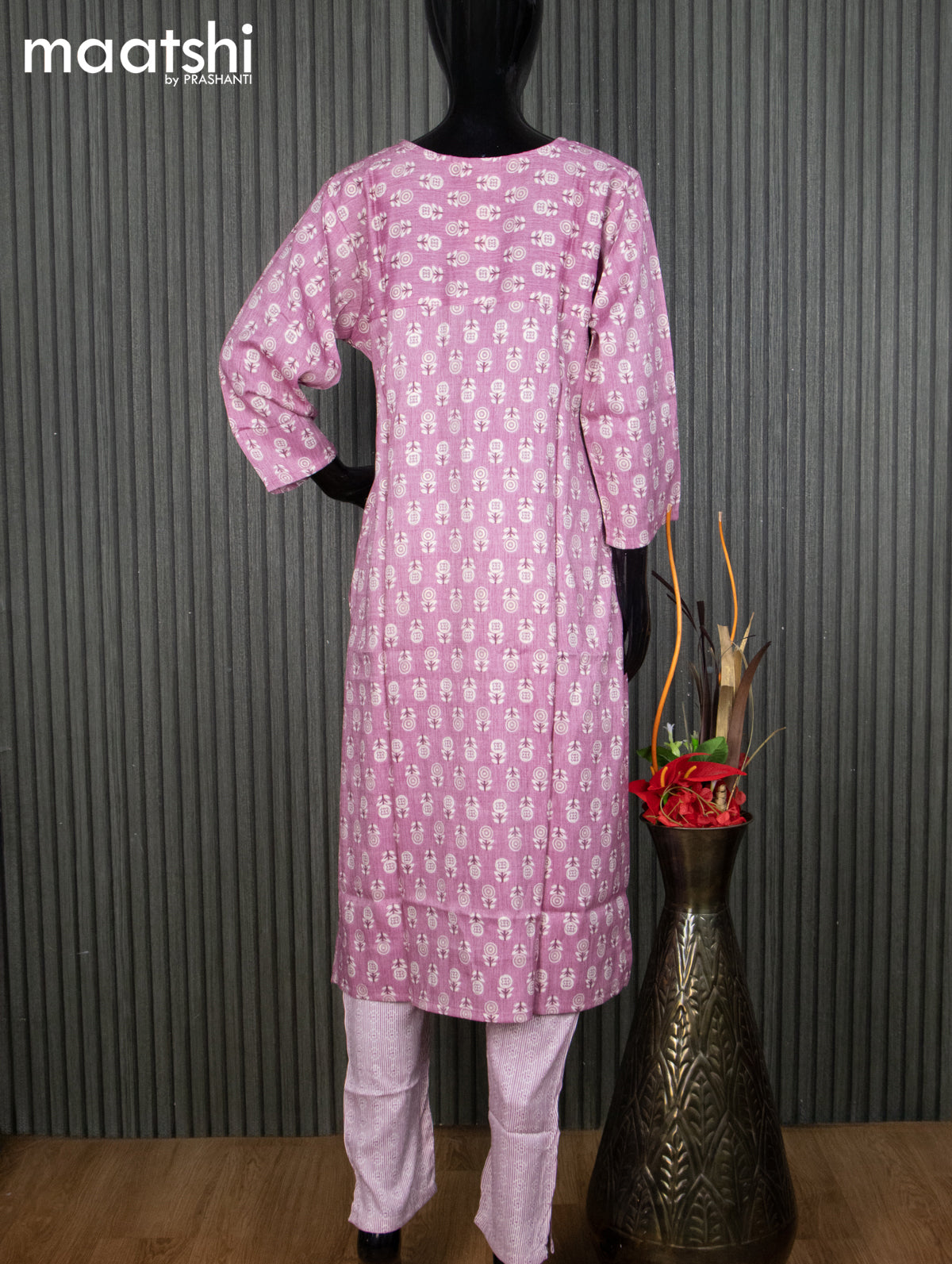 Rayon readymade kurti set mauve pink and off white with allover butta prints & embroidery work neck pattern and straight cut pant