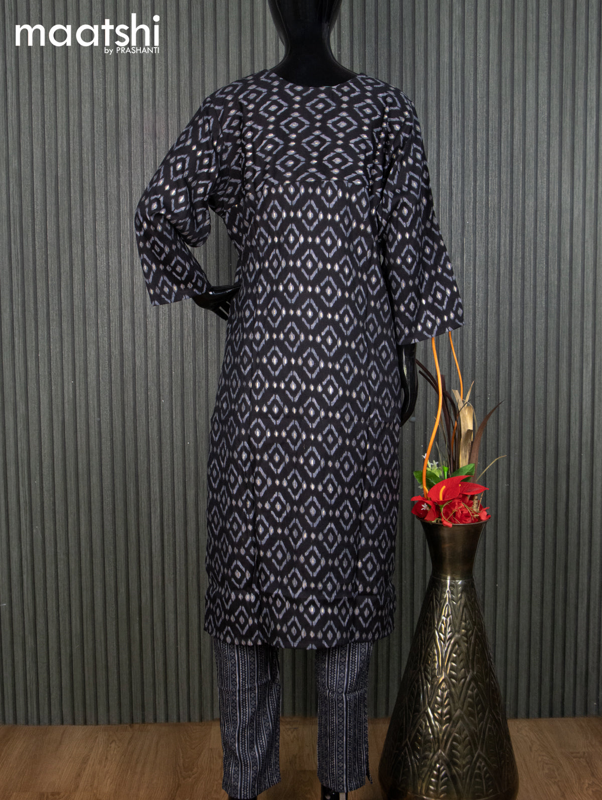 Rayon readymade kurti set black and grey with allover ikat prints & embroidery sequin work neck pattern and straight cut pant