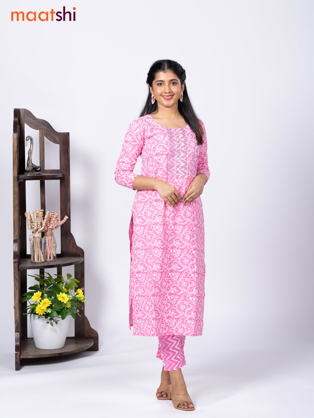 Cotton readymade kurti set pink and off white with allover floral prints & embroidery mirror work neck pattern and straight cut pant