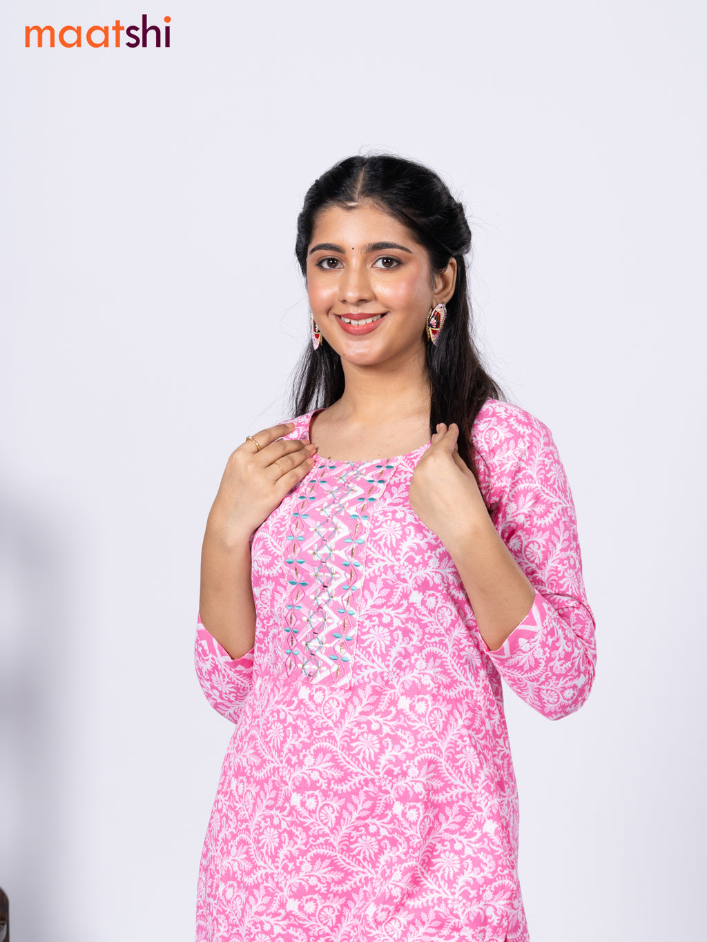 Cotton readymade kurti set pink and off white with allover floral prints & embroidery mirror work neck pattern and straight cut pant