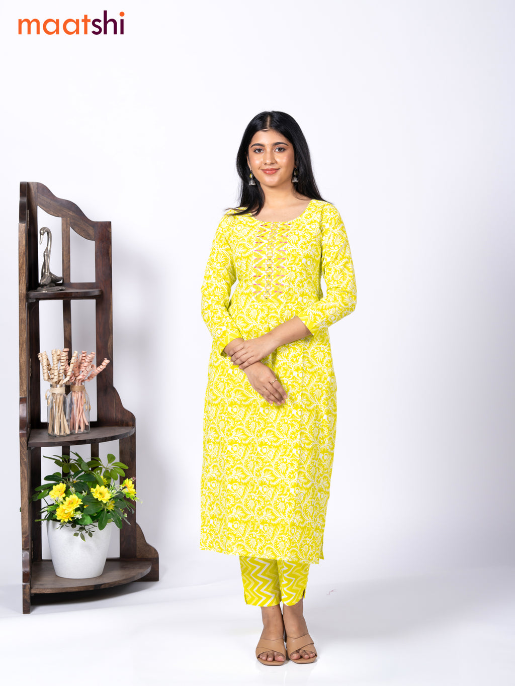 Cotton readymade kurti set fluorescent green and off white with allover floral prints & embroidery mirror work neck pattern and straight cut pant