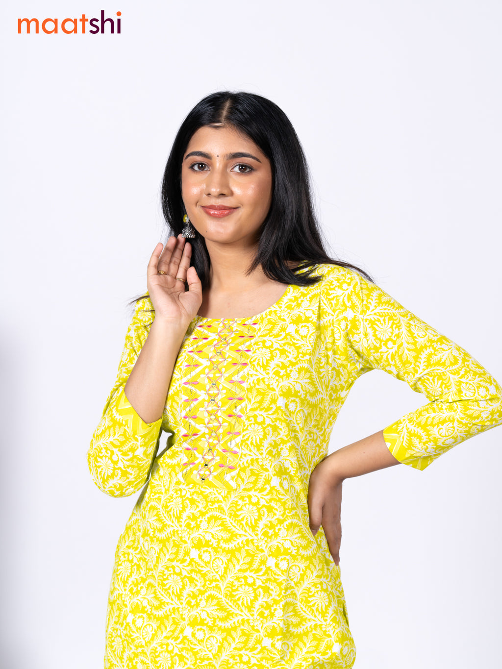 Cotton readymade kurti set fluorescent green and off white with allover floral prints & embroidery mirror work neck pattern and straight cut pant