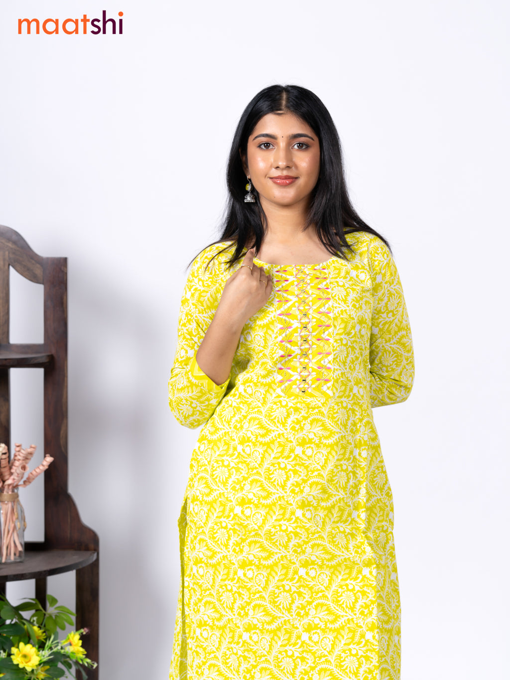 Cotton readymade kurti set fluorescent green and off white with allover floral prints & embroidery mirror work neck pattern and straight cut pant