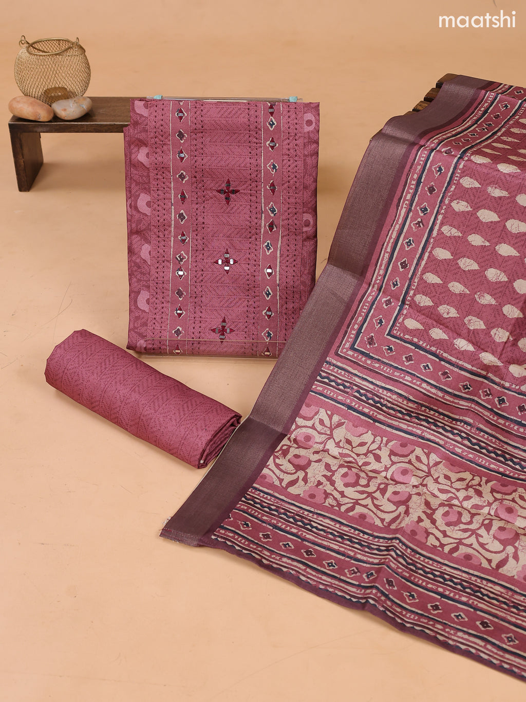 Mauve Pink and Biege Art Tussar Dress Material With Allover Prints & Embroidery Work Neck Pattern and Bottom & Dupatta