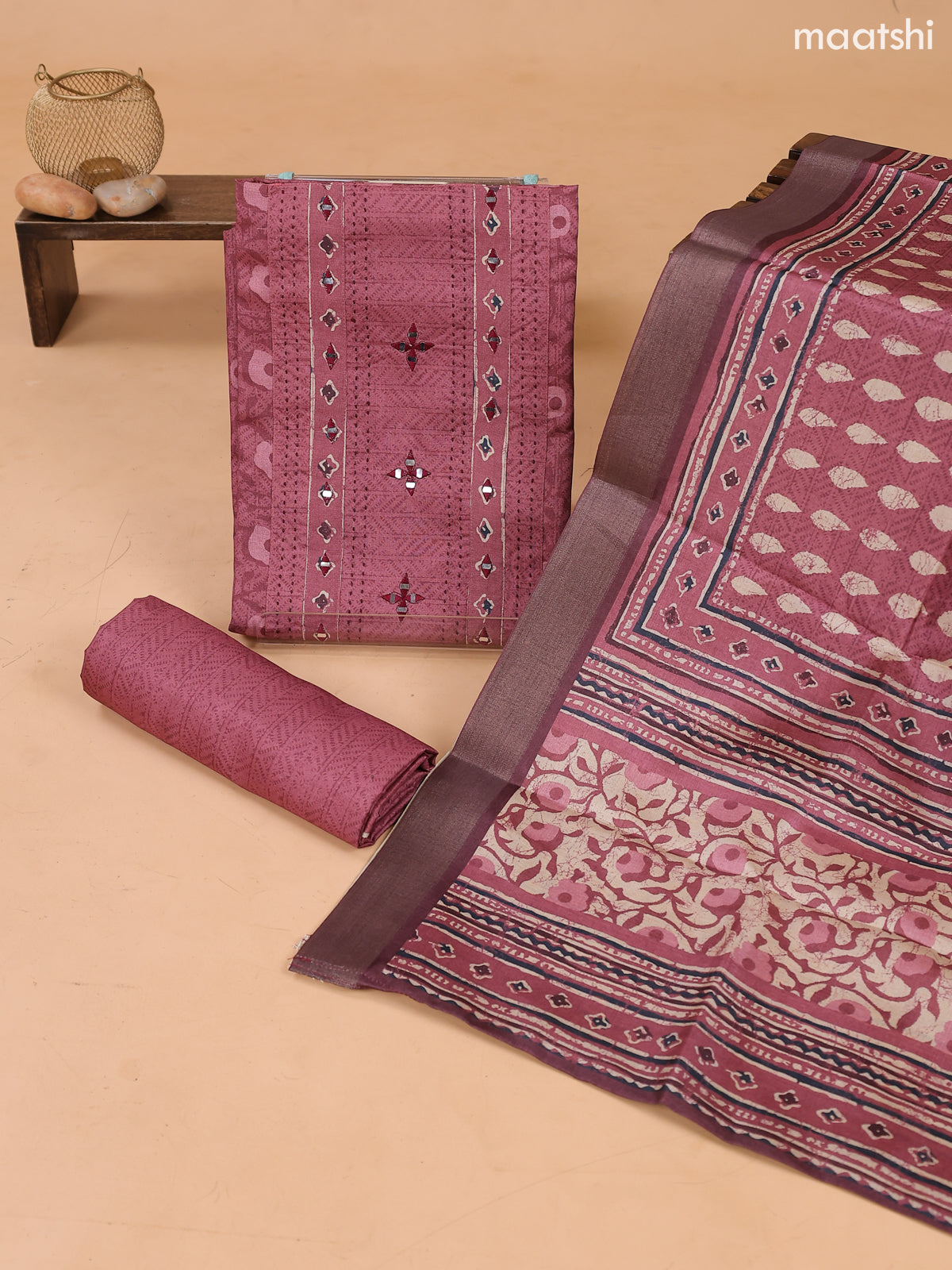 Mauve Pink and Biege Art Tussar Dress Material With Allover Prints & Embroidery Work Neck Pattern and Bottom & Dupatta