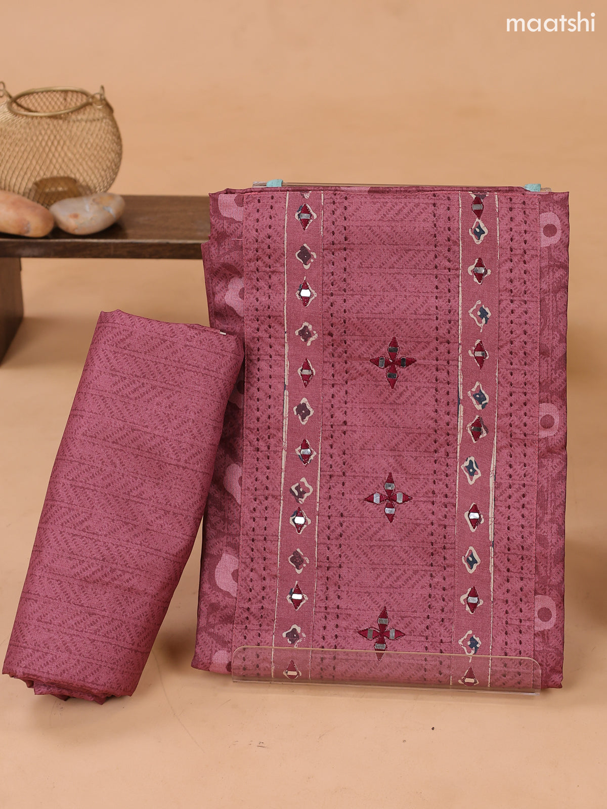 Mauve Pink and Biege Art Tussar Dress Material With Allover Prints & Embroidery Work Neck Pattern and Bottom & Dupatta