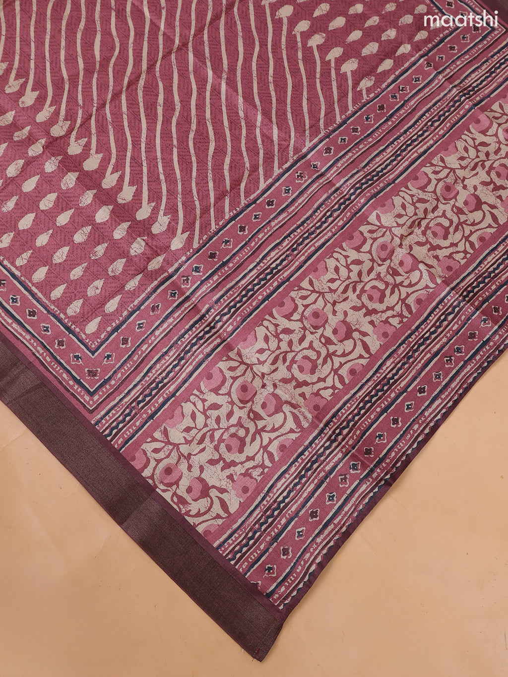 Mauve Pink and Biege Art Tussar Dress Material With Allover Prints & Embroidery Work Neck Pattern and Bottom & Dupatta