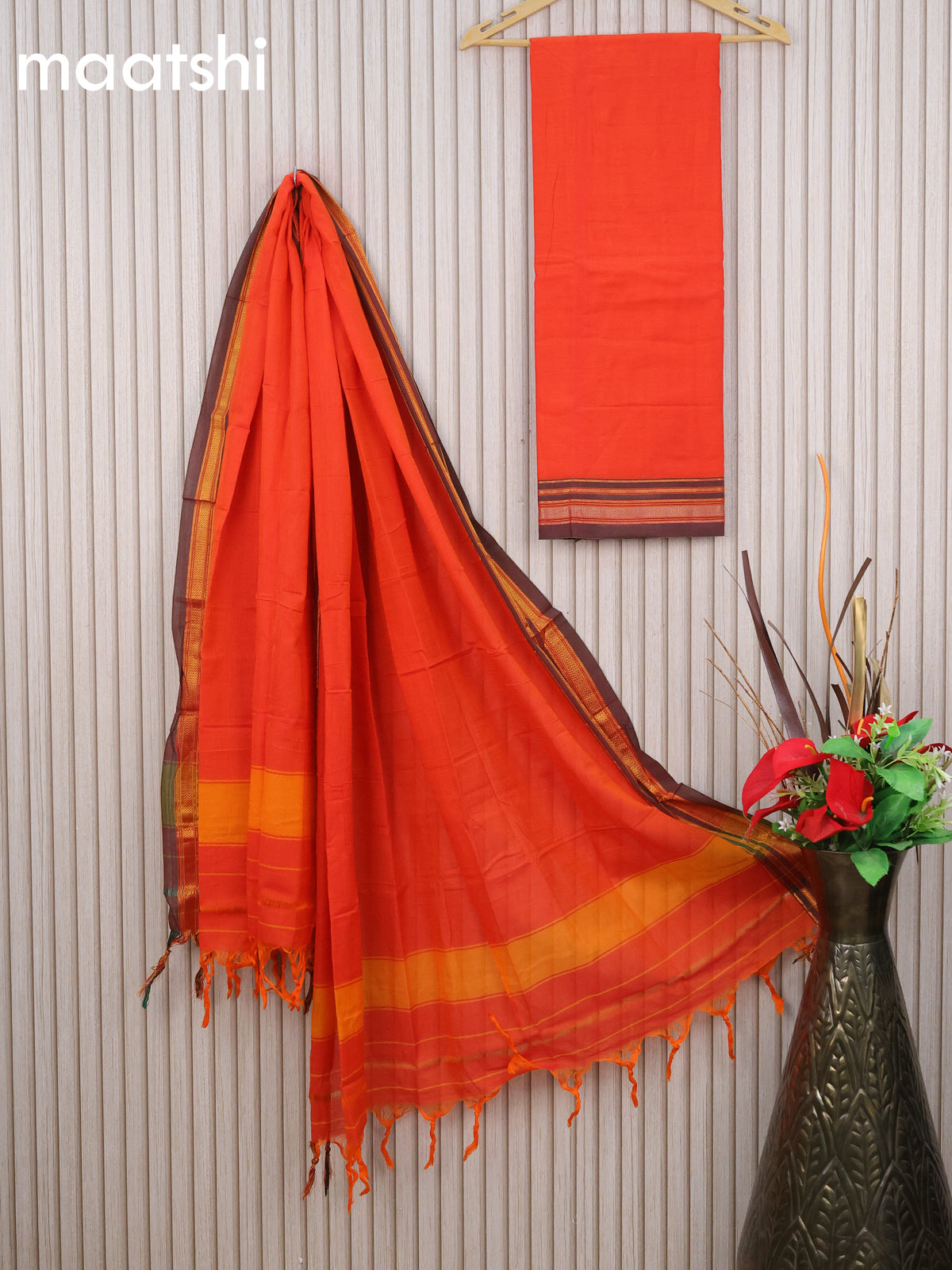 Narayanpet cotton dress material orange and dual shade of green with plain body and zari woven border & dupatta - without bottom