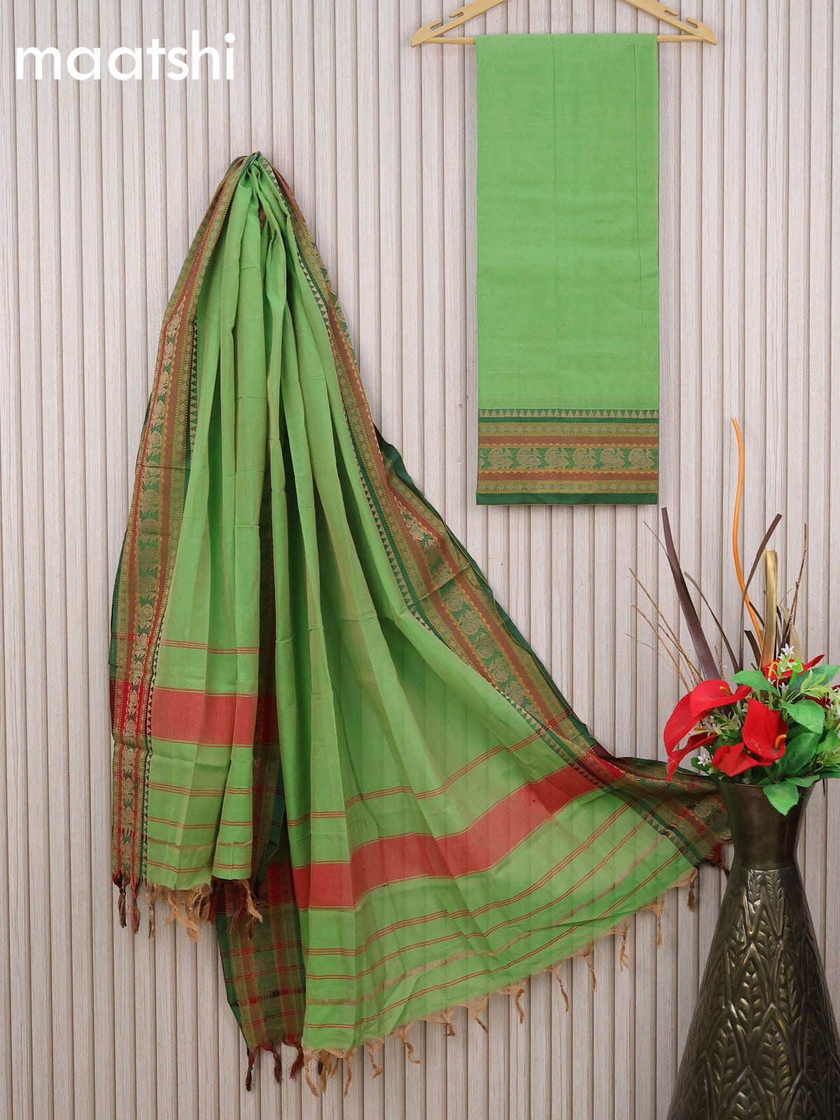 Narayanpet cotton dress material light green and green with plain body and thread woven border & dupatta - without bottom