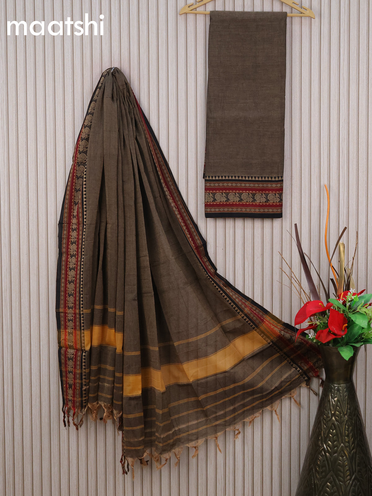 Narayanpet cotton dress material grey and black with plain body and thread woven border & dupatta - without bottom