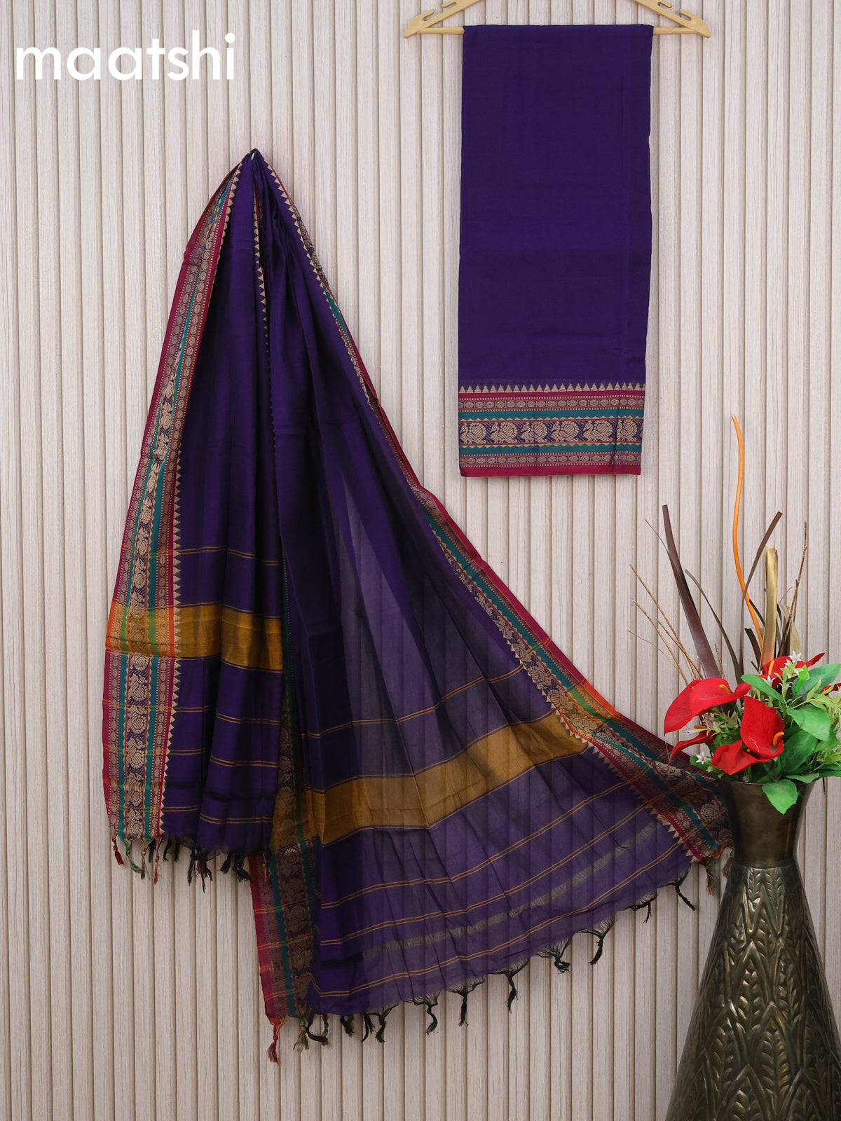 Narayanpet cotton dress material deep violet and maroon with plain body and thread woven border & dupatta - without bottom