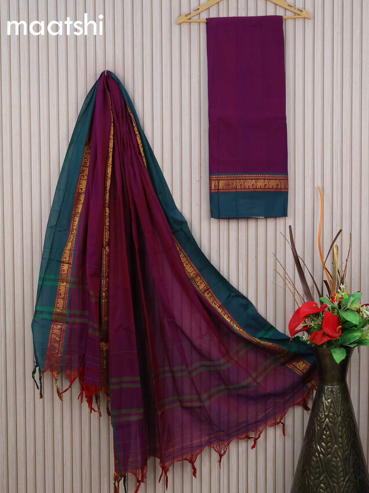 Narayanpet cotton dress material dual shade of purple and dual shade of bluish green with plain body and elephant deisgn zari woven simple border & dupatta - without bottom