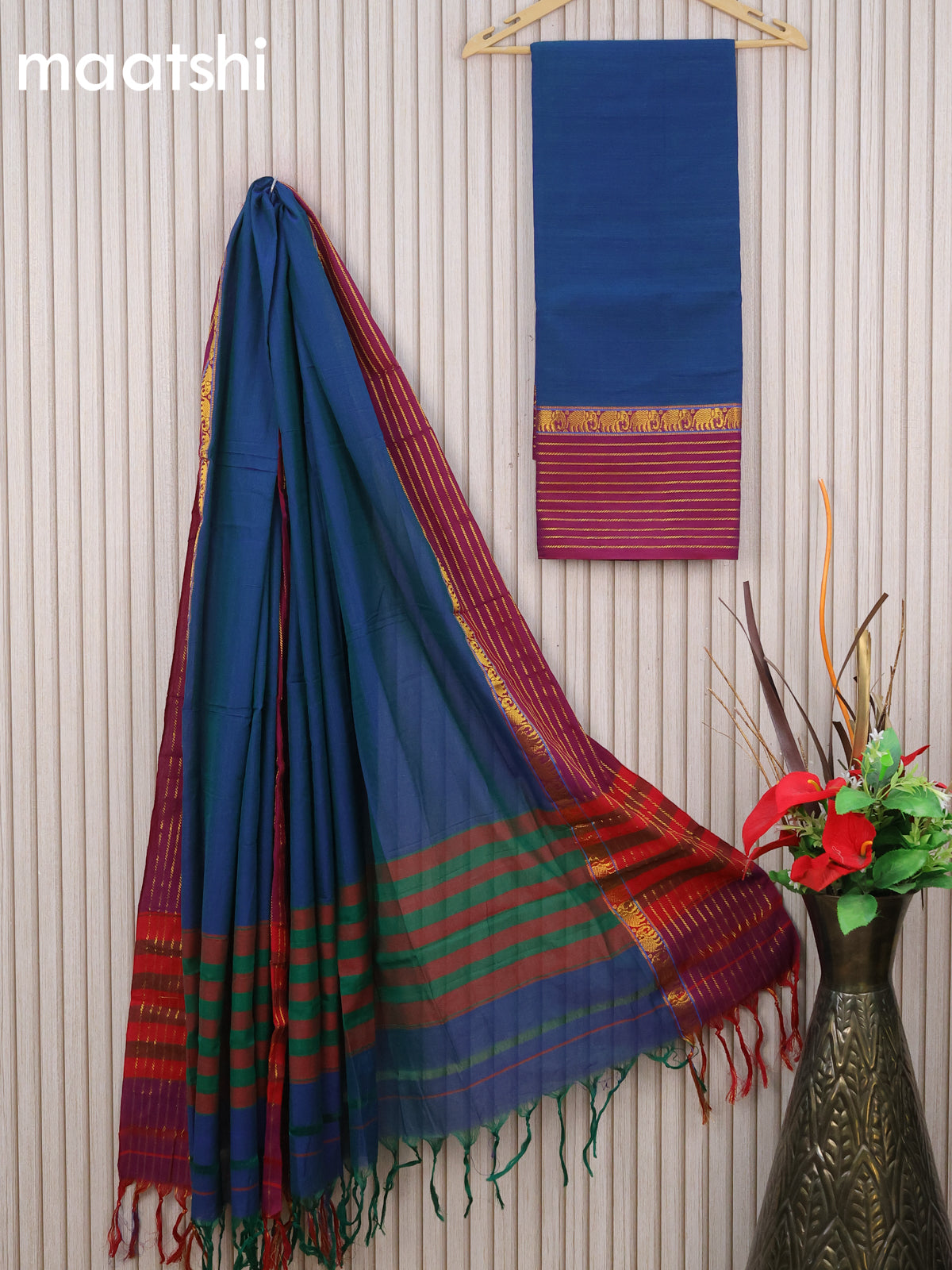 Narayanpet cotton dress material dual shade of bluish green and magenta pink with plain body and elephant deisgn zari woven border & dupatta - without bottom