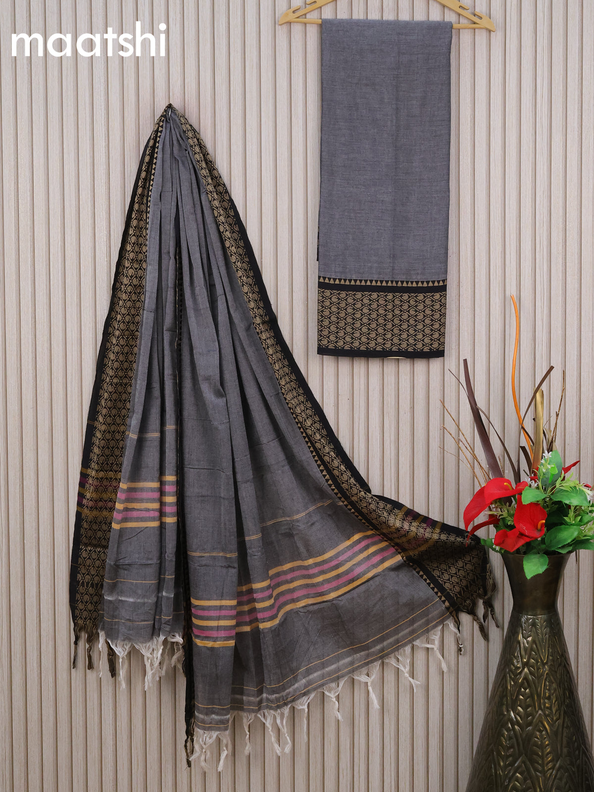 Narayanpet cotton dress material grey and black with plain body and thread woven border & dupatta - without bottom