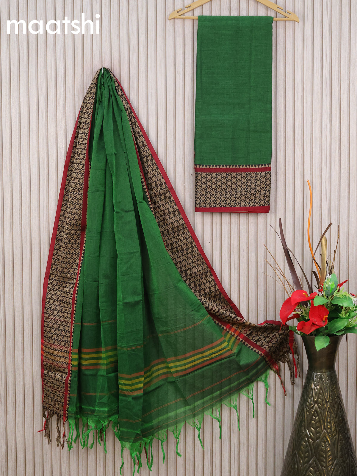 Narayanpet cotton dress material green and maroon with plain body and thread woven border & dupatta - without bottom