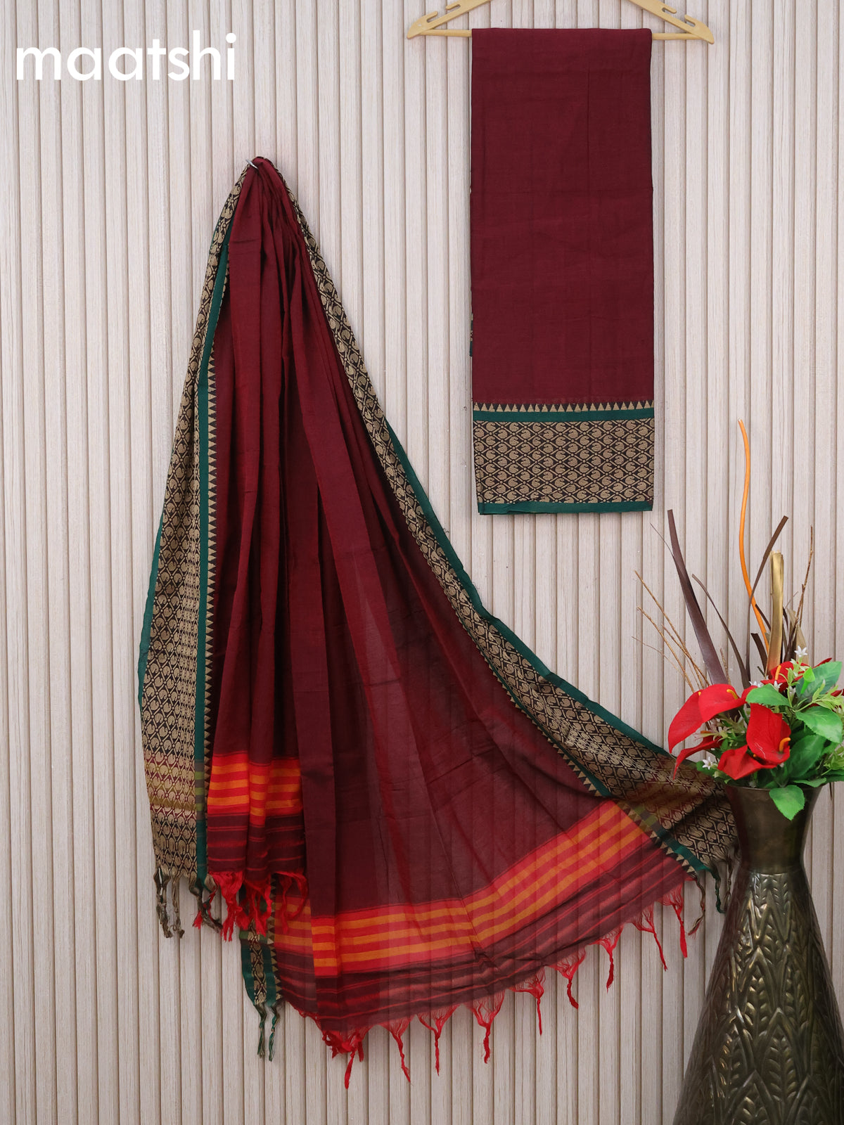 Narayanpet cotton dress material maroon and green with plain body and thread woven border & dupatta - without bottom