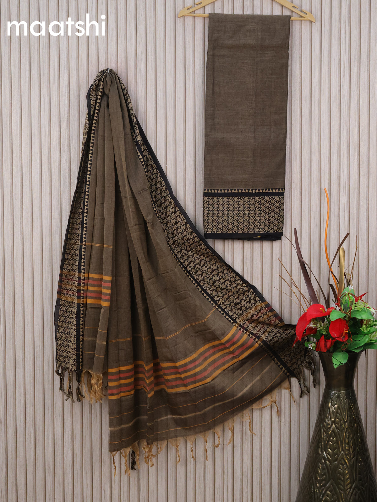 Narayanpet cotton dress material grey and black with plain body and thread woven border & dupatta - without bottom