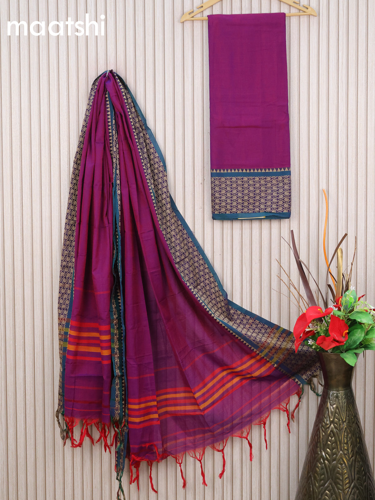 Narayanpet cotton dress material dual shade of purple and bluish green with plain body and thread woven border & dupatta - without bottom