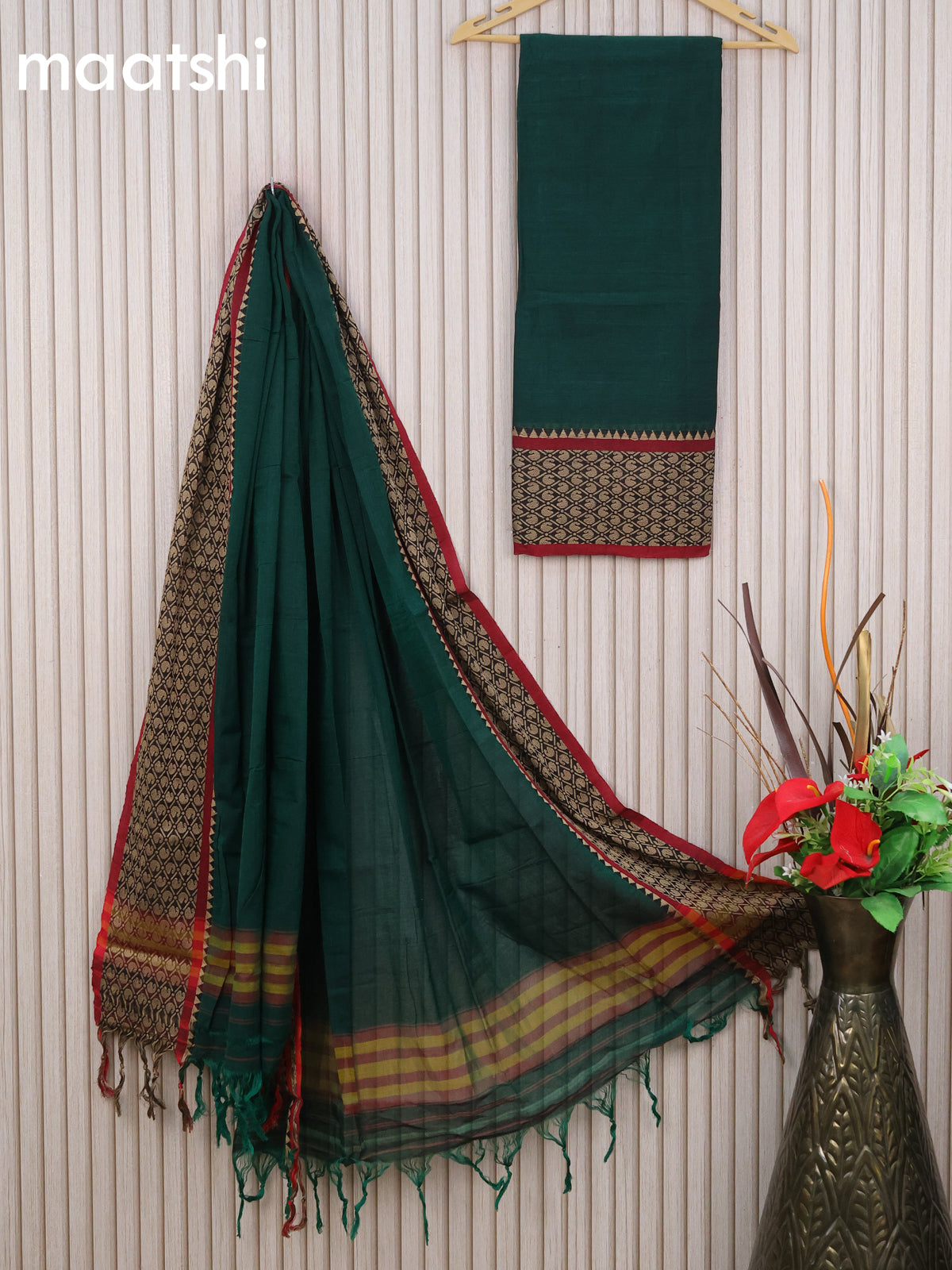 Narayanpet cotton dress material green and maroon with plain body and thread woven border & dupatta - without bottom