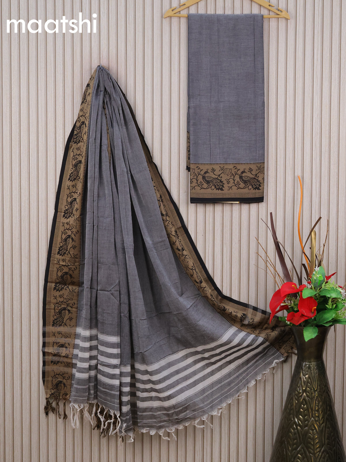 Narayanpet cotton dress material grey and black with plain body and thread woven border & dupatta - without bottom