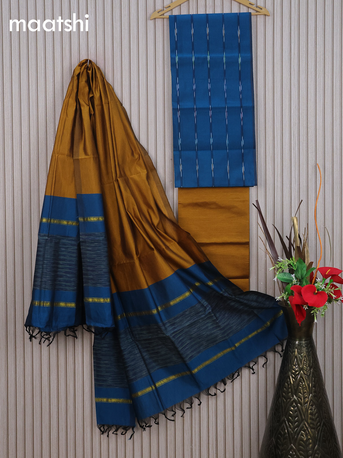 Ikat dress material cs blue with allover ikat weaves and bottom & dupatta