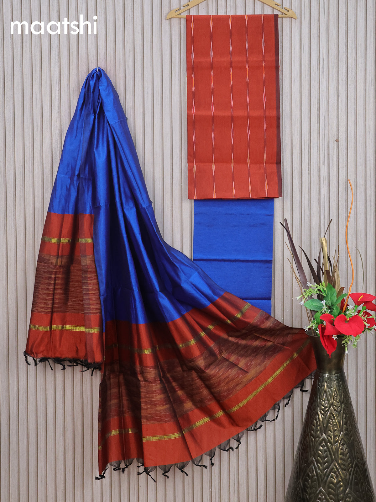 Ikat dress material rustic orange and blue with allover ikat weaves and bottom & dupatta