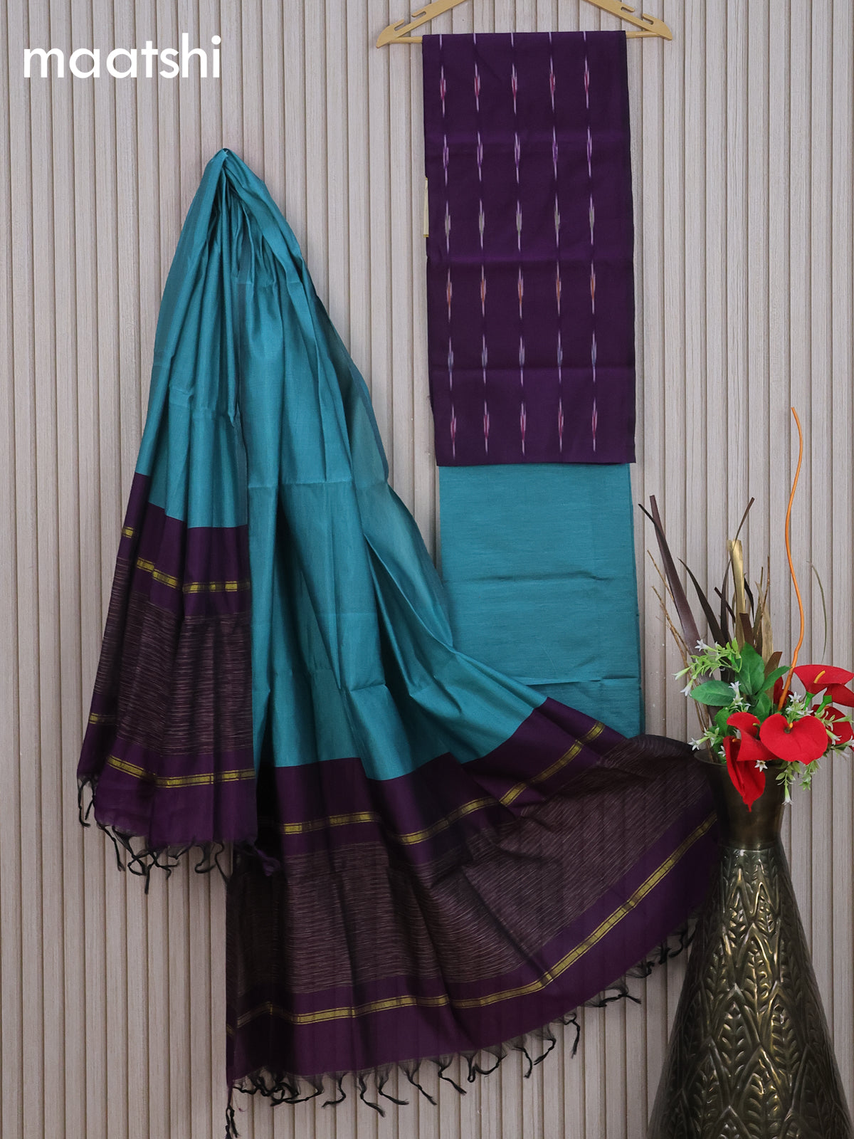 Ikat dress material violet and teal blue with allover ikat weaves and bottom & dupatta