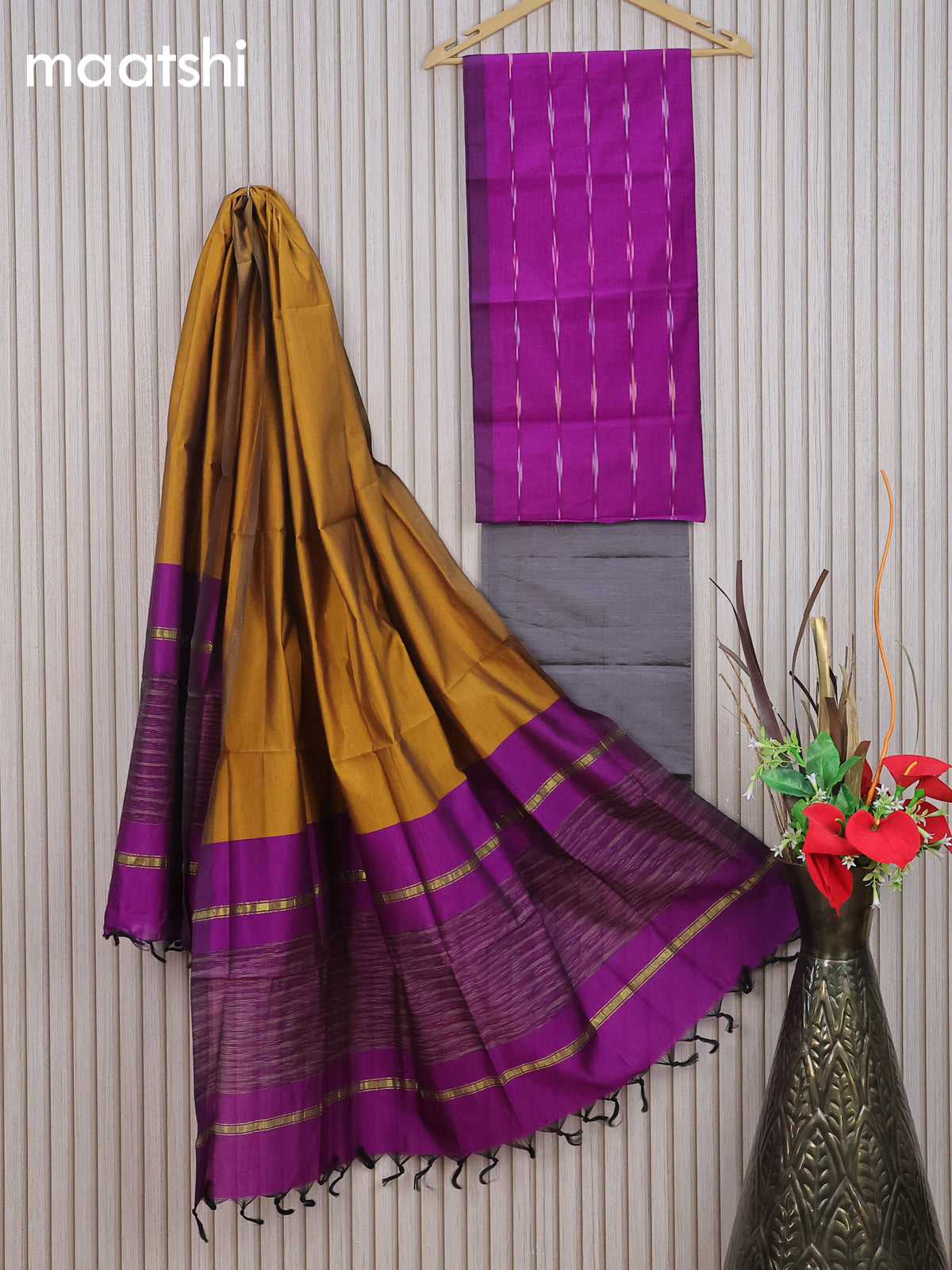 Ikat dress material purple and grey with allover ikat weaves and bottom & dupatta