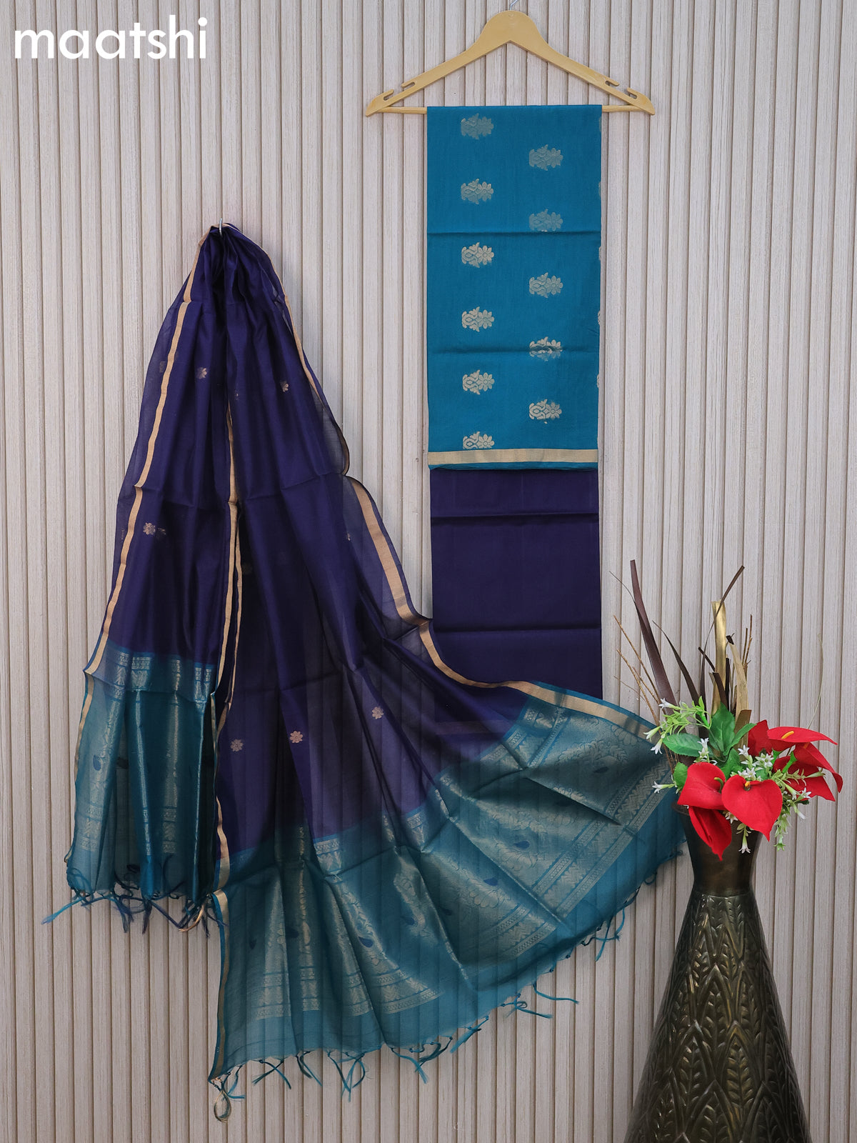 Silk cotton dress material peacock blue and navy blue with zari woven buttas and bottom & zari dupatta