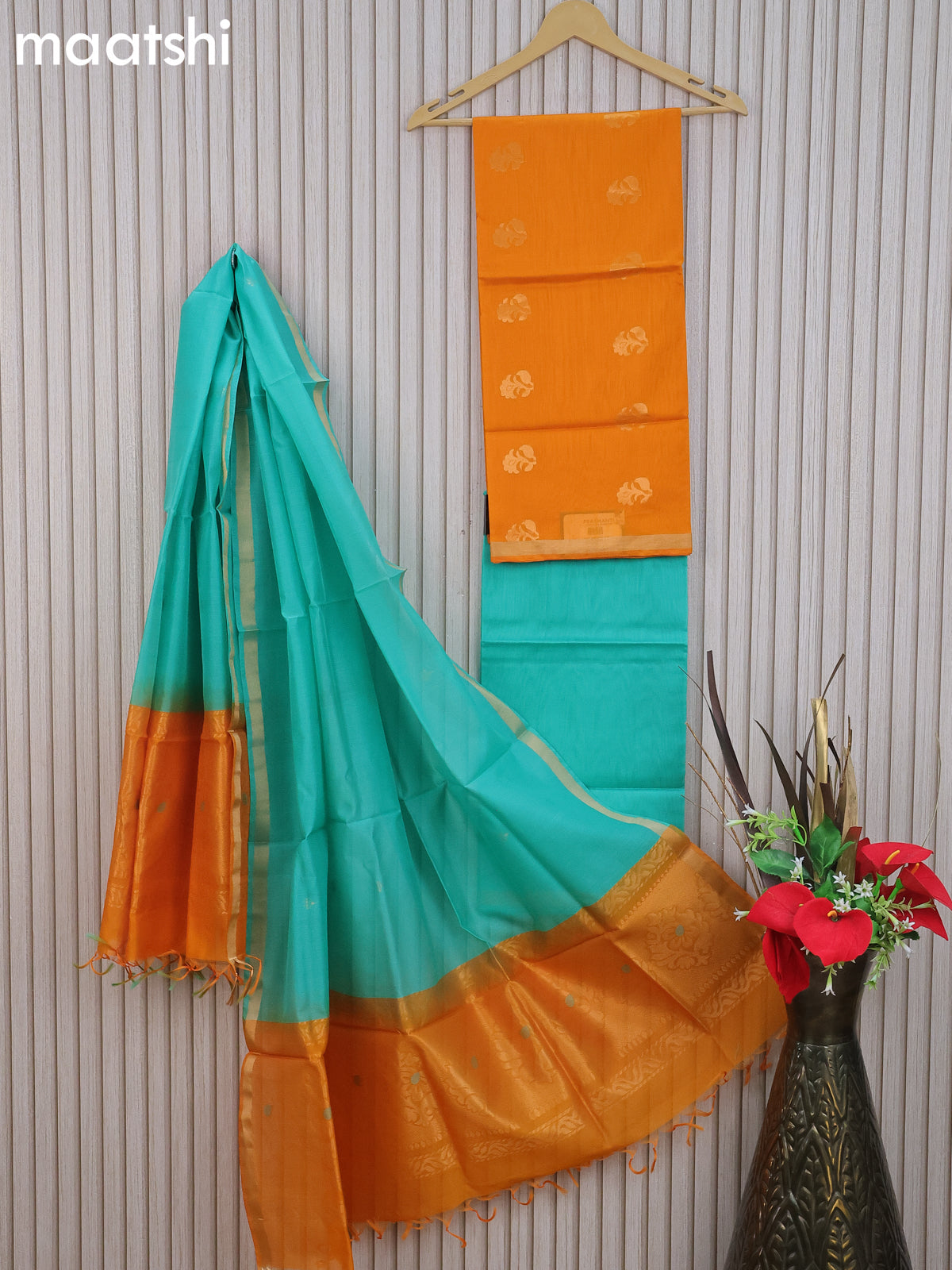 Silk cotton dress material mango yellow and teal blue shade with floral zari woven buttas and bottom & zari dupatta