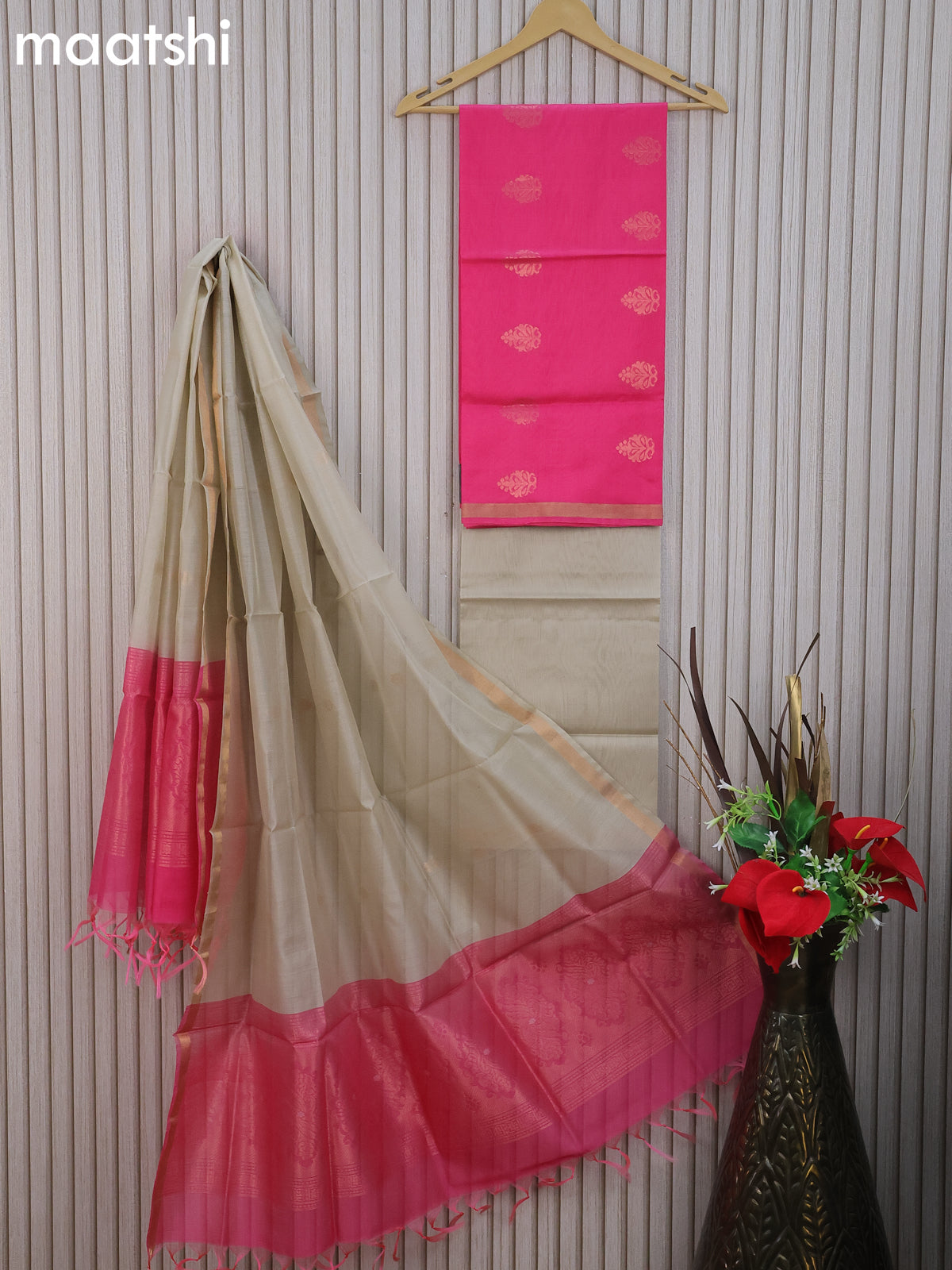 Silk cotton dress material candy pink and beige with zari woven buttas and bottom & zari dupatta